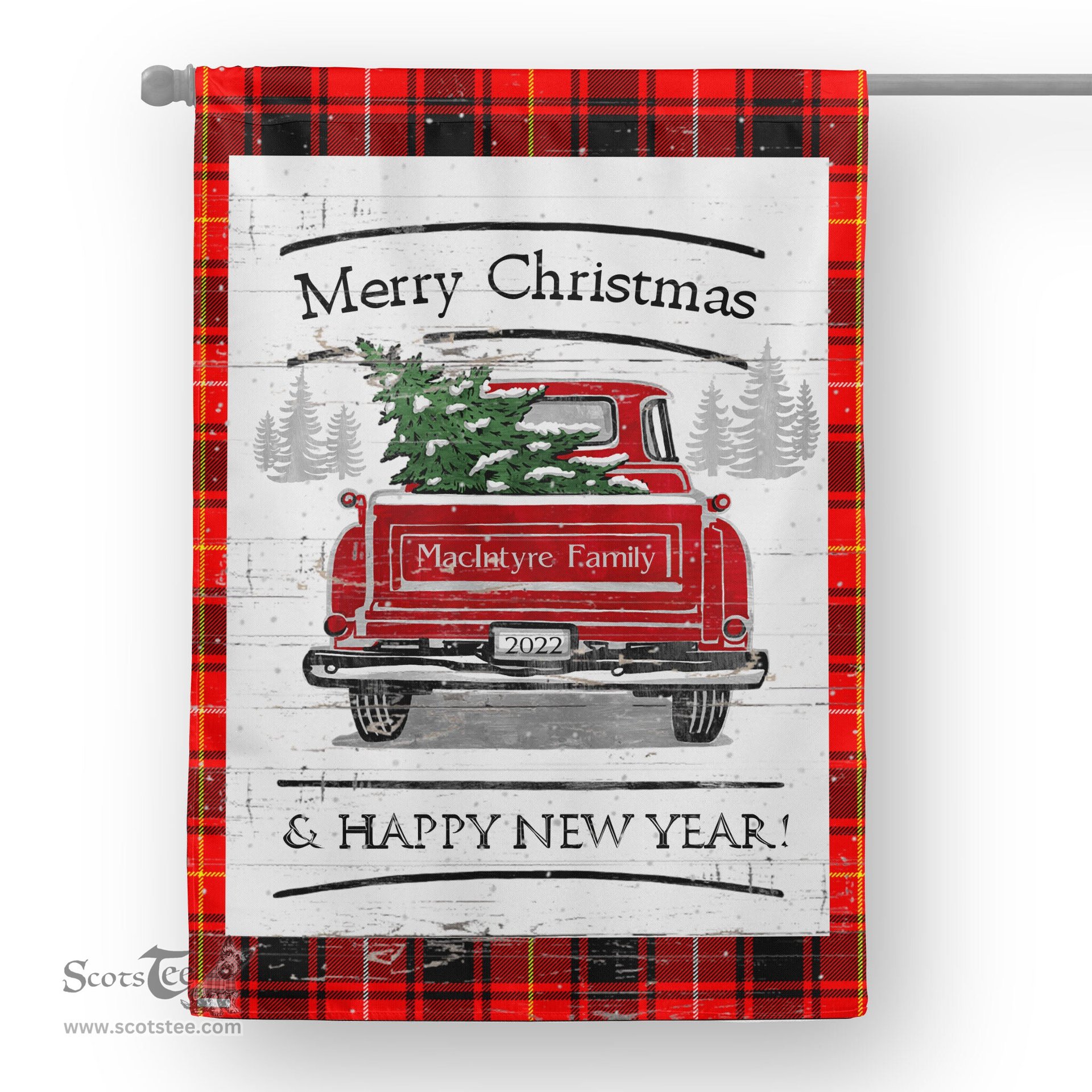 Tartan House Flag Vintage Red Truck with Christmas Tree Family Scottish Clan MacIntyre Modern Tartan Flag, Tartan Garden Flag, Tartan House Flag, Tartan Flag, Crest Garden Flag, Garden Flag, Ireland Garden Flag, Family Crest, Custom Flag, Custom Garden Flag, Ireland Custom Flag, Clan Tartan Flags