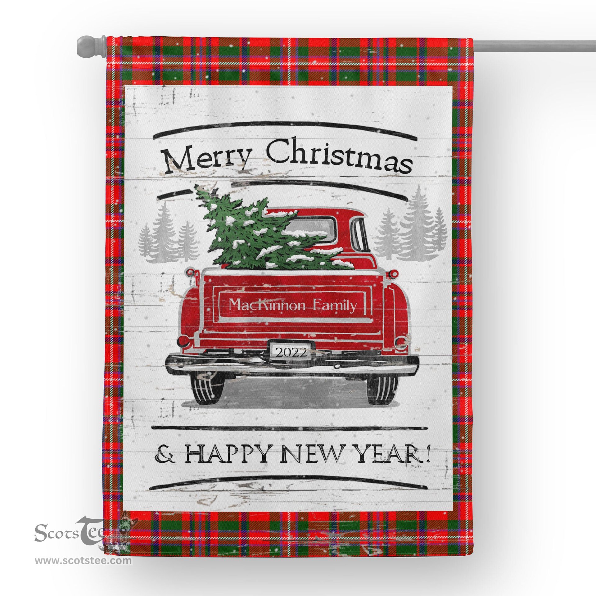 Tartan House Flag Vintage Red Truck with Christmas Tree Family Scottish Clan MacKinnon Tartan Flag, Tartan Garden Flag, Tartan House Flag, Tartan Flag, Crest Garden Flag, Garden Flag, Ireland Garden Flag, Family Crest, Custom Flag, Custom Garden Flag, Ireland Custom Flag, Clan Tartan Flags