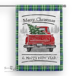 Tartan House Flag Vintage Red Truck with Christmas Tree Family Scottish Clan Haliburton Tartan Flag, Tartan Garden Flag, Tartan House Flag, Tartan Flag, Crest Garden Flag, Garden Flag, Ireland Garden Flag, Family Crest, Custom Flag, Custom Garden Flag, Ireland Custom Flag, Clan Tartan Flags