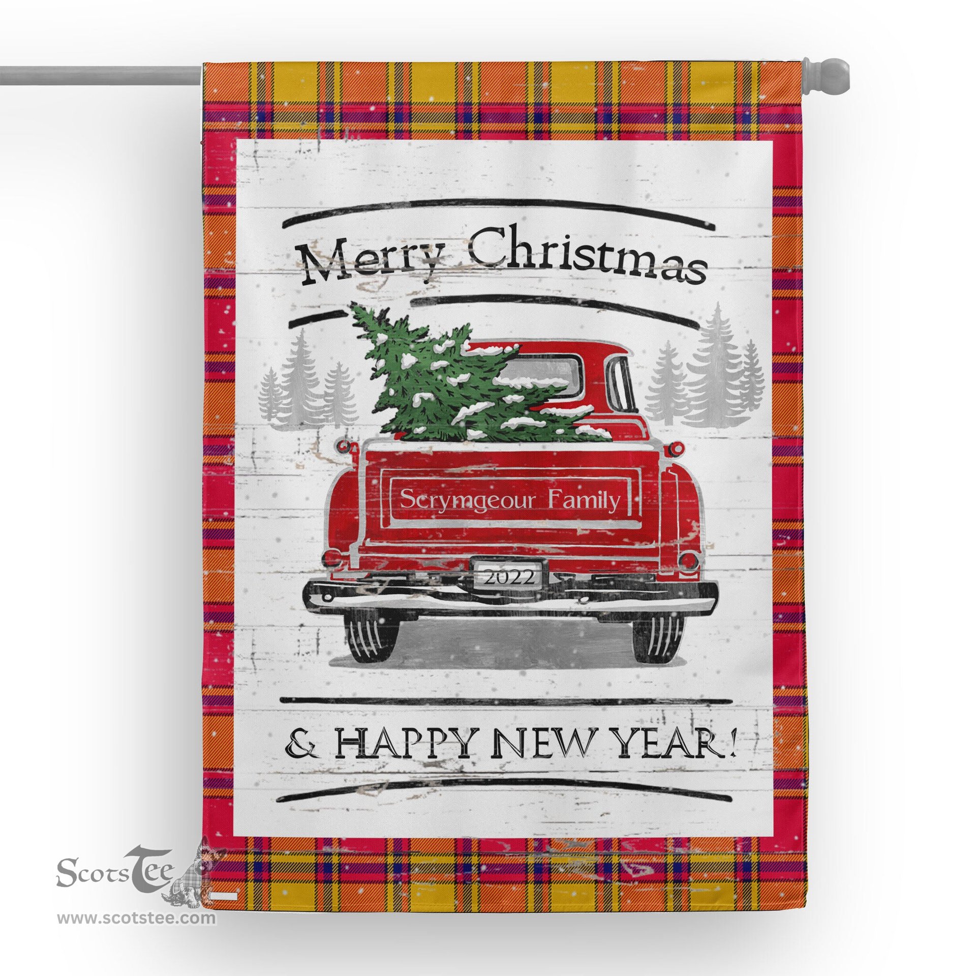 Tartan House Flag Vintage Red Truck with Christmas Tree Family Scottish Clan Scrymgeour Tartan Flag, Tartan Garden Flag, Tartan House Flag, Tartan Flag, Crest Garden Flag, Garden Flag, Ireland Garden Flag, Family Crest, Custom Flag, Custom Garden Flag, Ireland Custom Flag, Clan Tartan Flags