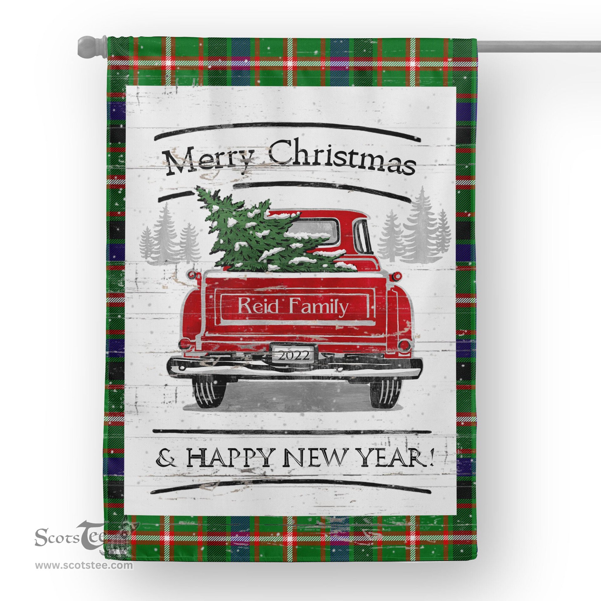 Tartan House Flag Vintage Red Truck with Christmas Tree Family Scottish Clan Reid Green Tartan Flag, Tartan Garden Flag, Tartan House Flag, Tartan Flag, Crest Garden Flag, Garden Flag, Ireland Garden Flag, Family Crest, Custom Flag, Custom Garden Flag, Ireland Custom Flag, Clan Tartan Flags