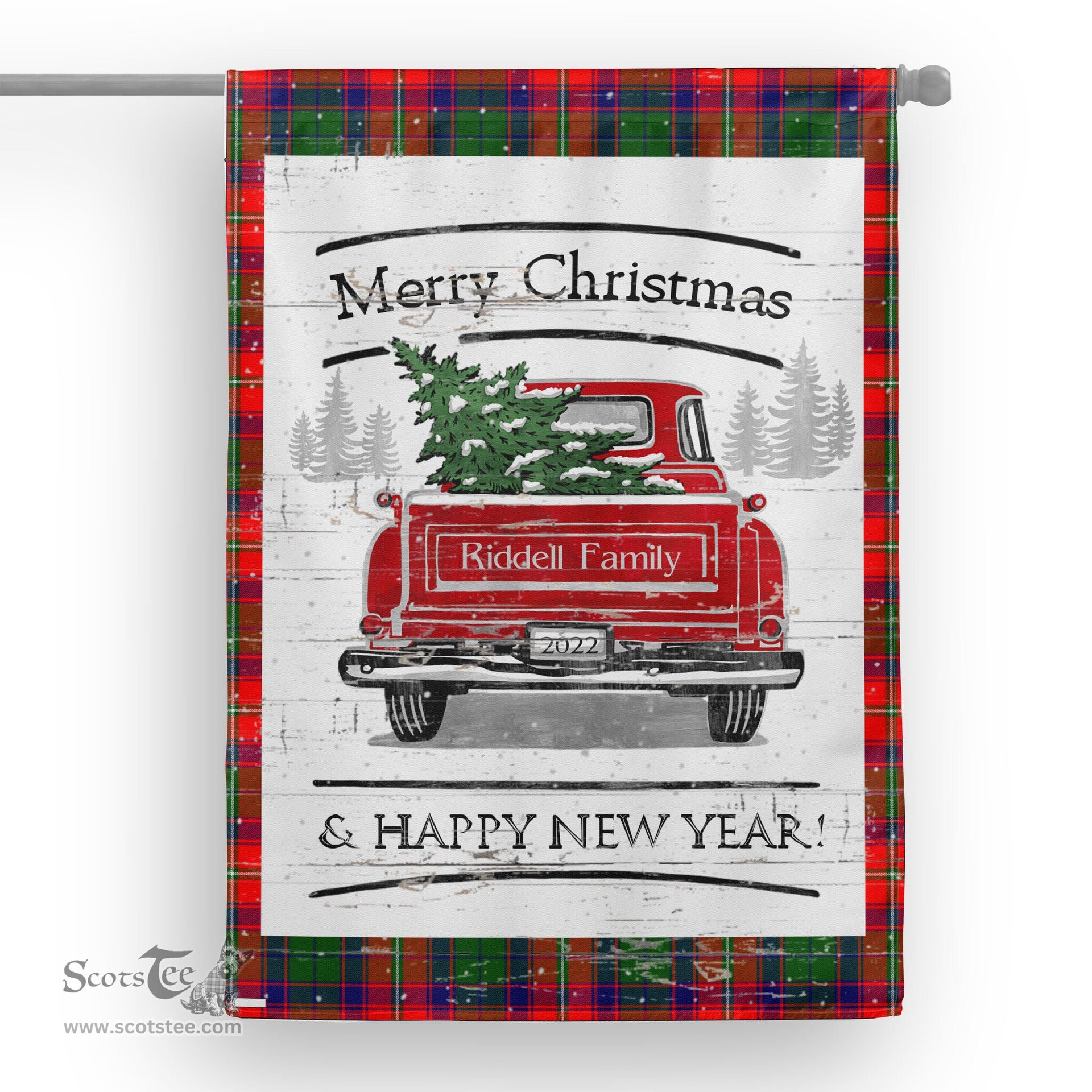 Tartan House Flag Vintage Red Truck with Christmas Tree Family Scottish Clan Riddell Tartan Flag, Tartan Garden Flag, Tartan House Flag, Tartan Flag, Crest Garden Flag, Garden Flag, Ireland Garden Flag, Family Crest, Custom Flag, Custom Garden Flag, Ireland Custom Flag, Clan Tartan Flags