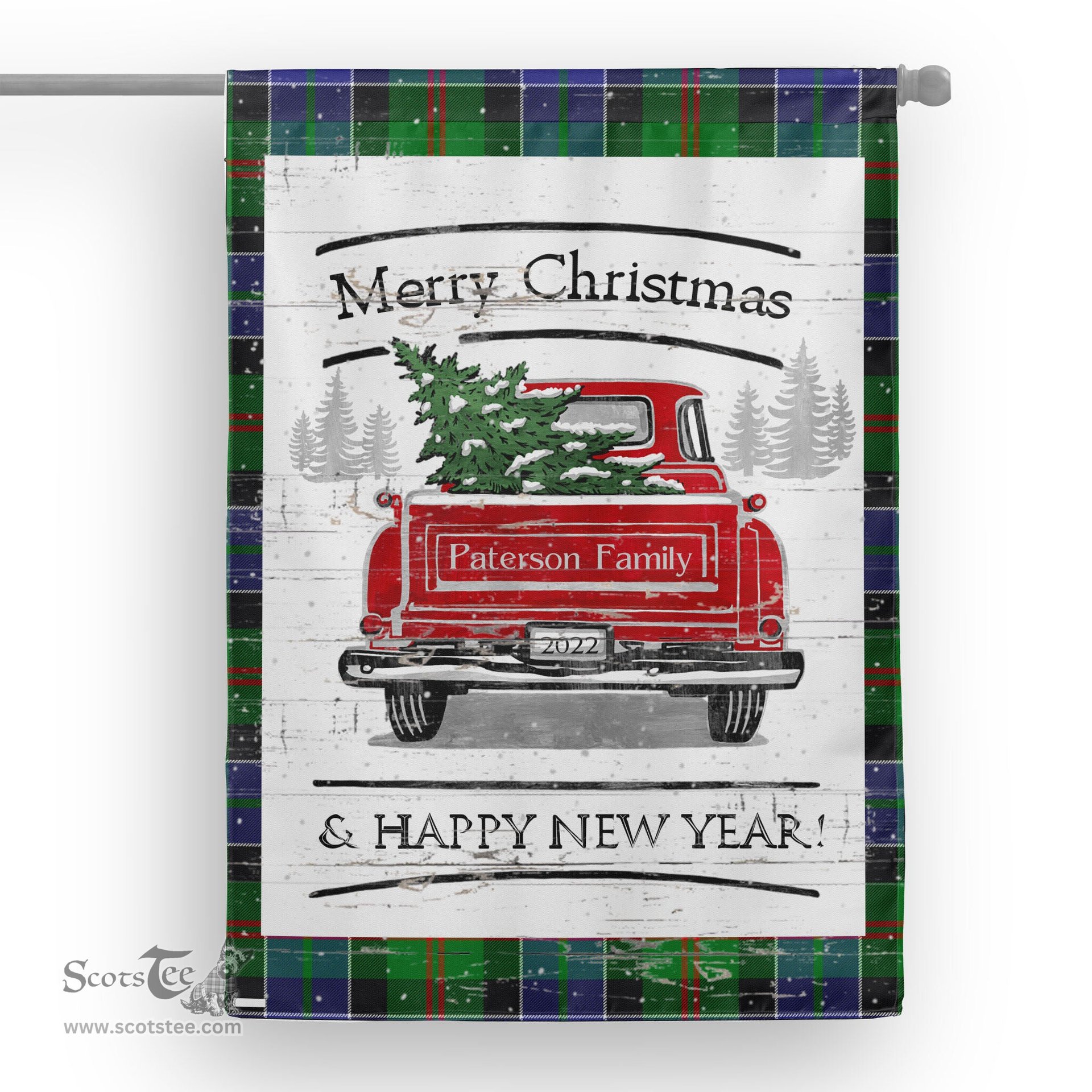 Tartan House Flag Vintage Red Truck with Christmas Tree Family Scottish Clan Paterson Tartan Flag, Tartan Garden Flag, Tartan House Flag, Tartan Flag, Crest Garden Flag, Garden Flag, Ireland Garden Flag, Family Crest, Custom Flag, Custom Garden Flag, Ireland Custom Flag, Clan Tartan Flags