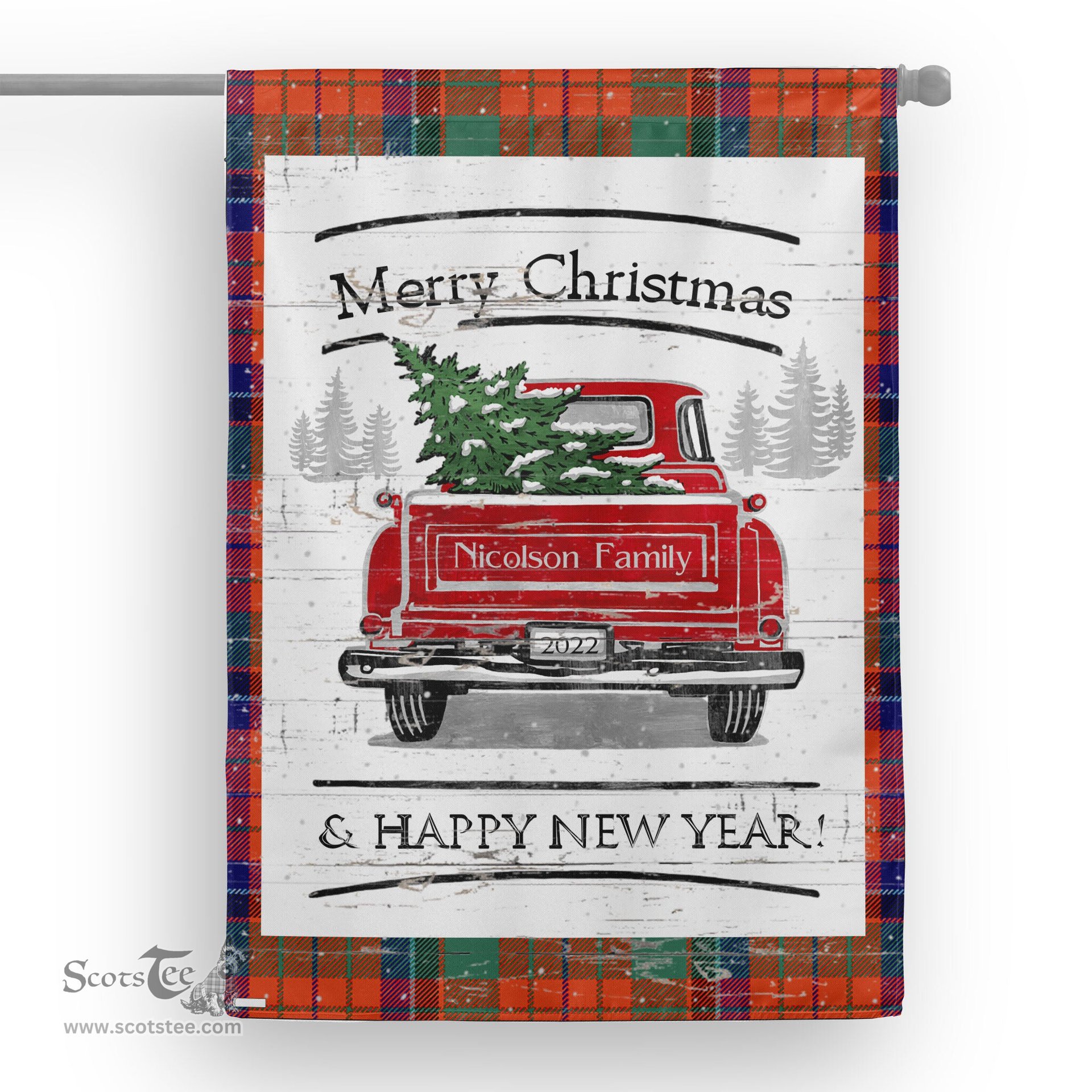 Tartan House Flag Vintage Red Truck with Christmas Tree Family Scottish Clan Nicolson Ancient Tartan Flag, Tartan Garden Flag, Tartan House Flag, Tartan Flag, Crest Garden Flag, Garden Flag, Ireland Garden Flag, Family Crest, Custom Flag, Custom Garden Flag, Ireland Custom Flag, Clan Tartan Flags