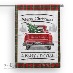 Tartan House Flag Vintage Red Truck with Christmas Tree Family Scottish Clan Hunter USA Tartan Flag, Tartan Garden Flag, Tartan House Flag, Tartan Flag, Crest Garden Flag, Garden Flag, Ireland Garden Flag, Family Crest, Custom Flag, Custom Garden Flag, Ireland Custom Flag, Clan Tartan Flags