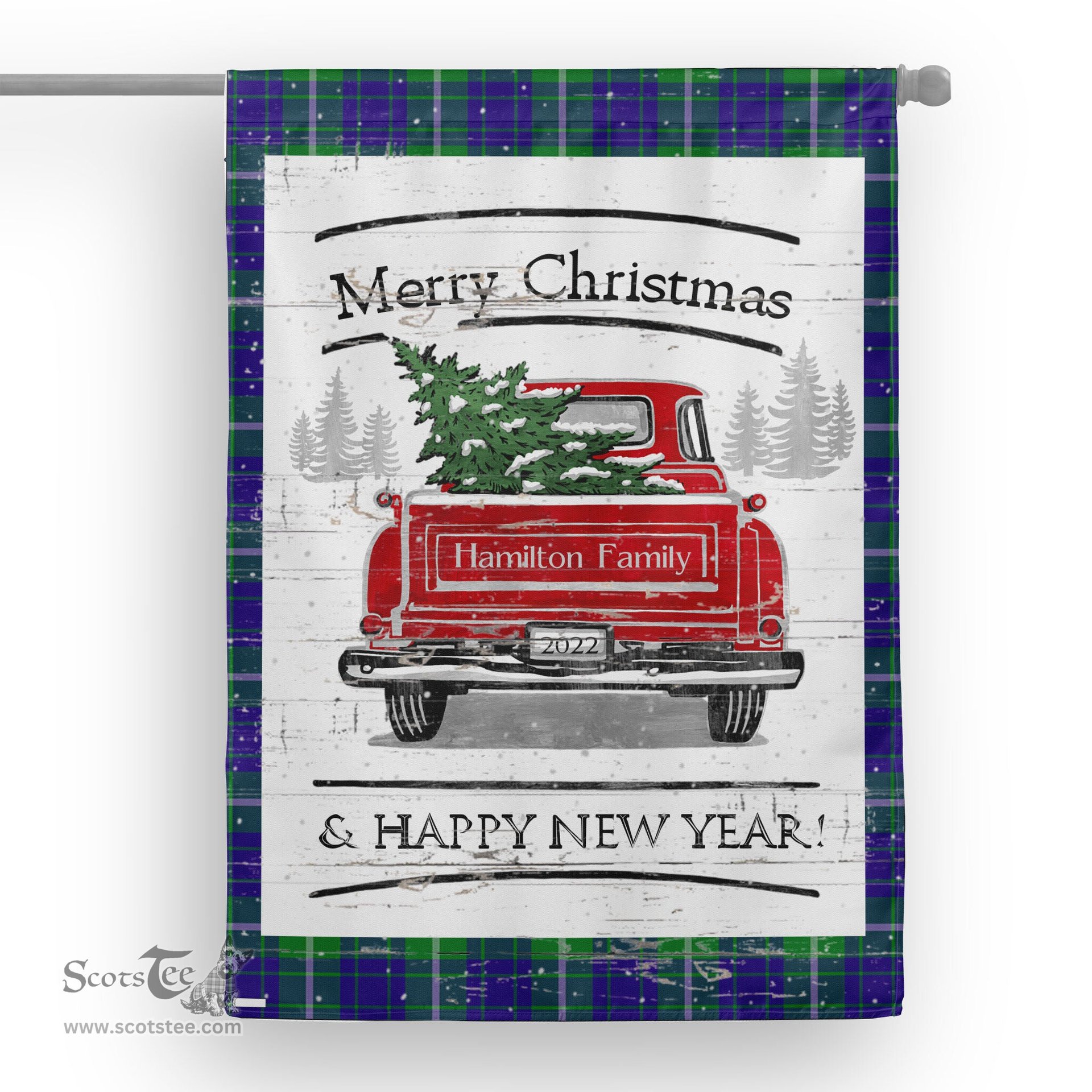 Tartan House Flag Vintage Red Truck with Christmas Tree Family Scottish Clan Hamilton Hunting Tartan Flag, Tartan Garden Flag, Tartan House Flag, Tartan Flag, Crest Garden Flag, Garden Flag, Ireland Garden Flag, Family Crest, Custom Flag, Custom Garden Flag, Ireland Custom Flag, Clan Tartan Flags