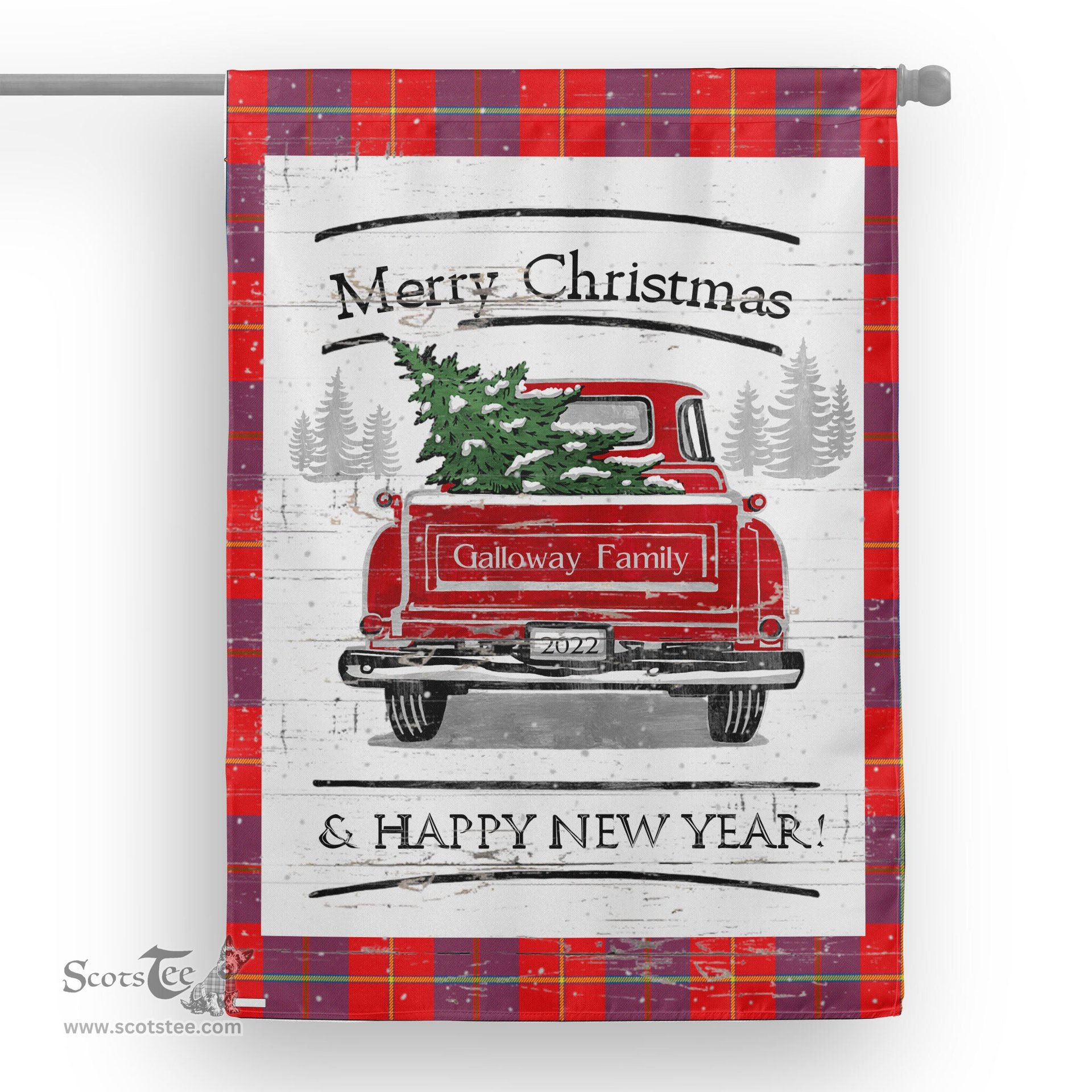 Tartan House Flag Vintage Red Truck with Christmas Tree Family Scottish Clan Galloway Tartan Flag, Tartan Garden Flag, Tartan House Flag, Tartan Flag, Crest Garden Flag, Garden Flag, Ireland Garden Flag, Family Crest, Custom Flag, Custom Garden Flag, Ireland Custom Flag, Clan Tartan Flags