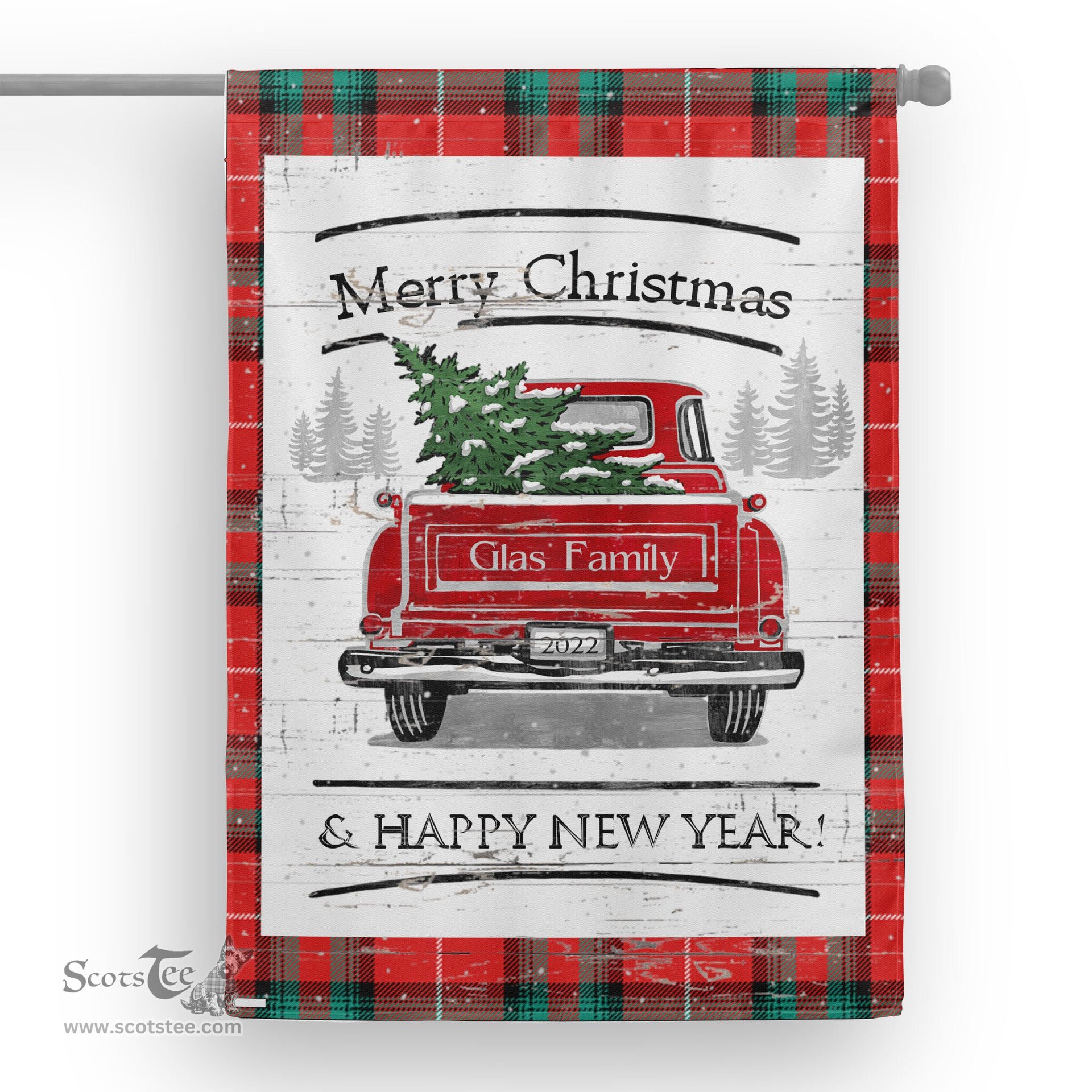 Tartan House Flag Vintage Red Truck with Christmas Tree Family Scottish Clan Glas Red Tartan Flag, Tartan Garden Flag, Tartan House Flag, Tartan Flag, Crest Garden Flag, Garden Flag, Ireland Garden Flag, Family Crest, Custom Flag, Custom Garden Flag, Ireland Custom Flag, Clan Tartan Flags