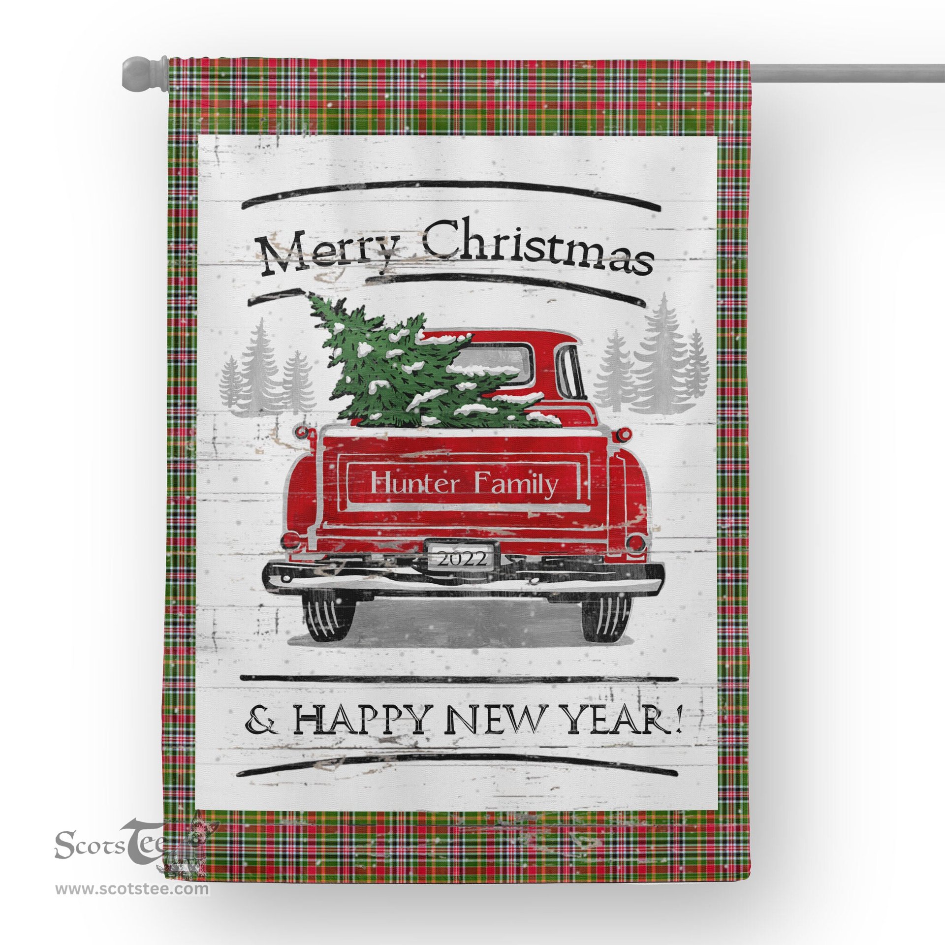 Tartan House Flag Vintage Red Truck with Christmas Tree Family Scottish Clan Hunter 1819 Tartan Flag, Tartan Garden Flag, Tartan House Flag, Tartan Flag, Crest Garden Flag, Garden Flag, Ireland Garden Flag, Family Crest, Custom Flag, Custom Garden Flag, Ireland Custom Flag, Clan Tartan Flags
