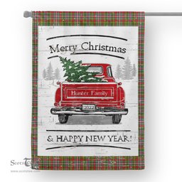Tartan House Flag Vintage Red Truck with Christmas Tree Family Scottish Clan Hunter 1819 Tartan Flag, Tartan Garden Flag, Tartan House Flag, Tartan Flag, Crest Garden Flag, Garden Flag, Ireland Garden Flag, Family Crest, Custom Flag, Custom Garden Flag, Ireland Custom Flag, Clan Tartan Flags