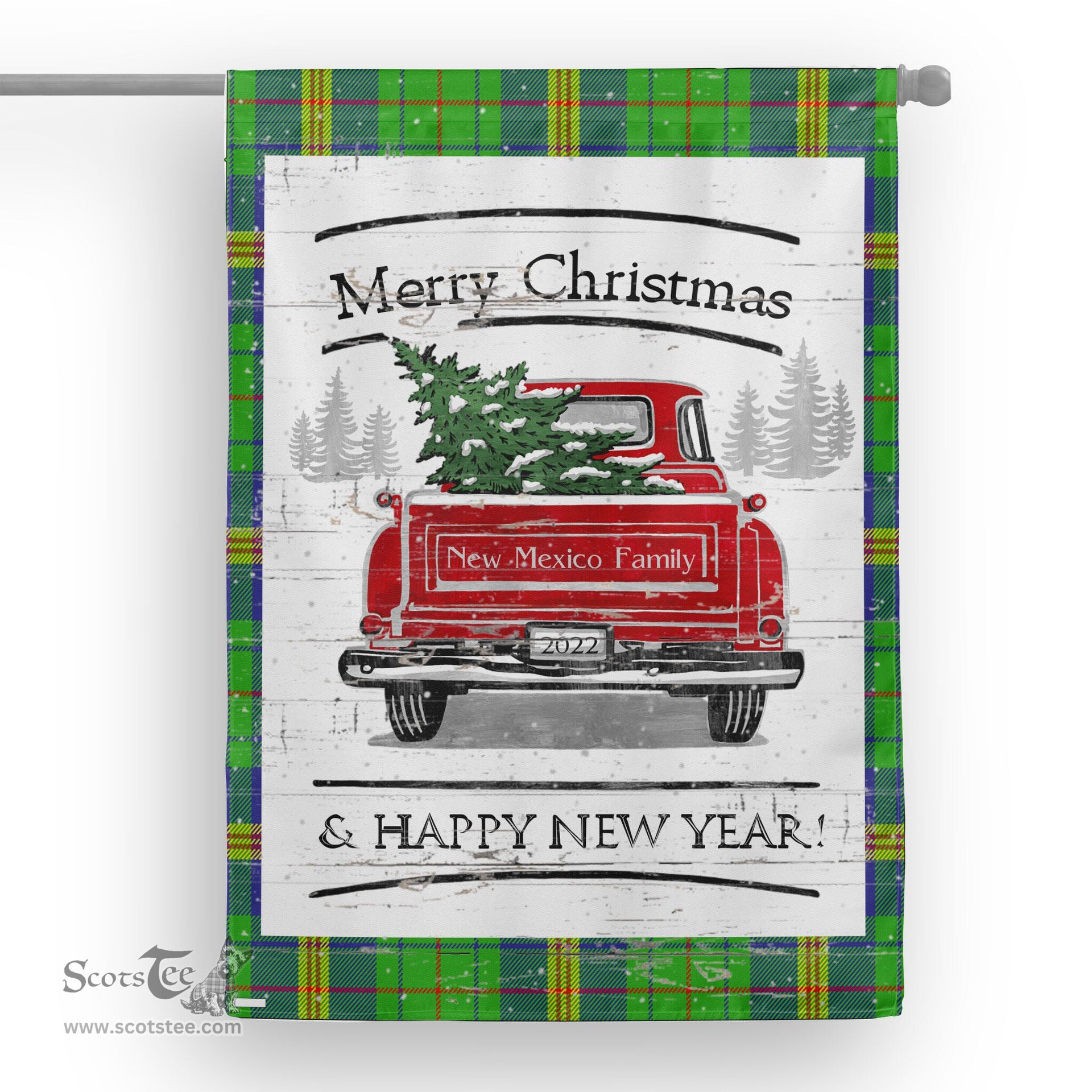 Tartan House Flag Vintage Red Truck with Christmas Tree Family Scottish Clan New Mexico Tartan Flag, Tartan Garden Flag, Tartan House Flag, Tartan Flag, Crest Garden Flag, Garden Flag, Ireland Garden Flag, Family Crest, Custom Flag, Custom Garden Flag, Ireland Custom Flag, Clan Tartan Flags