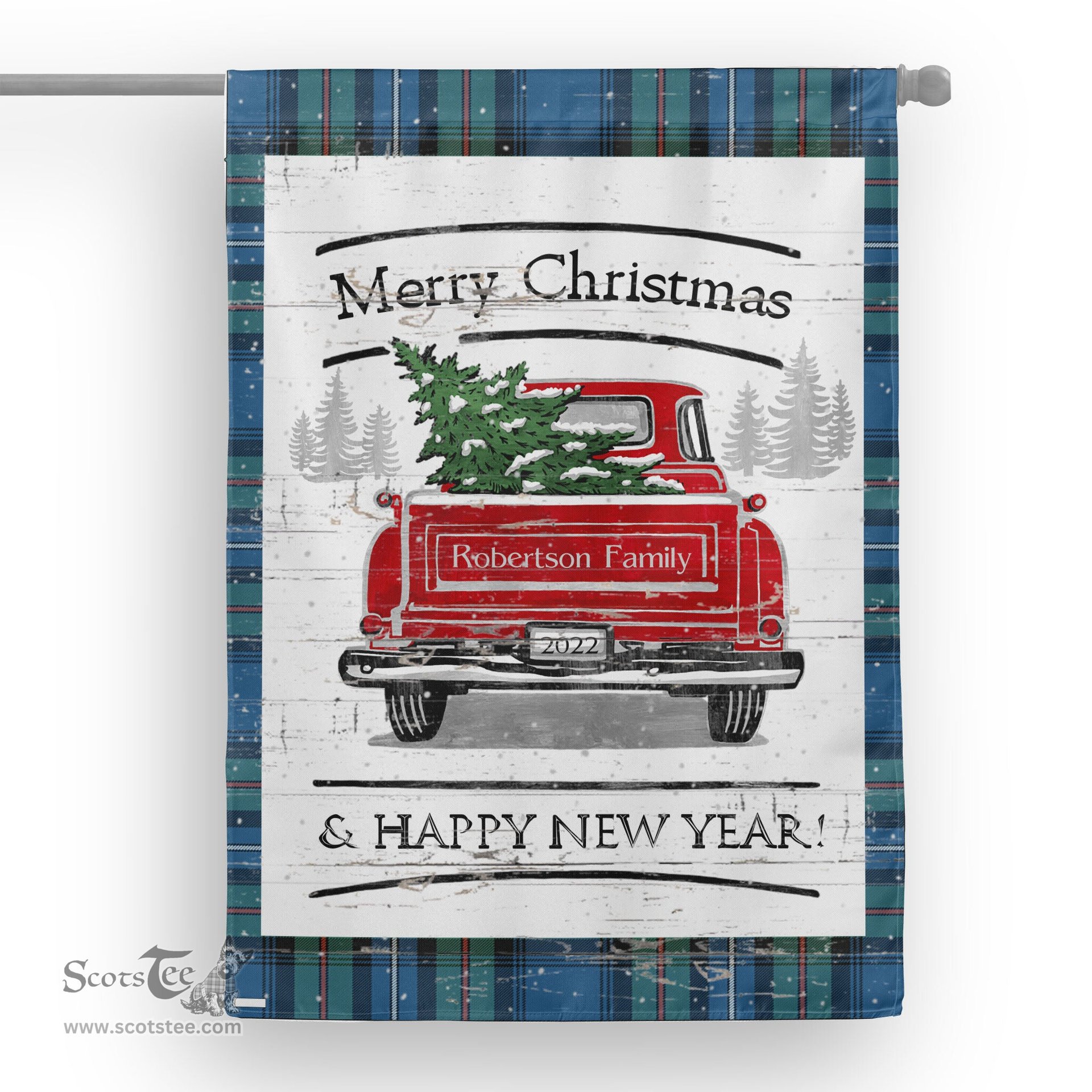 Tartan House Flag Vintage Red Truck with Christmas Tree Family Scottish Clan Robertson Hunting Ancient Tartan Flag, Tartan Garden Flag, Tartan House Flag, Tartan Flag, Crest Garden Flag, Garden Flag, Ireland Garden Flag, Family Crest, Custom Flag, Custom Garden Flag, Ireland Custom Flag, Clan Tartan Flags