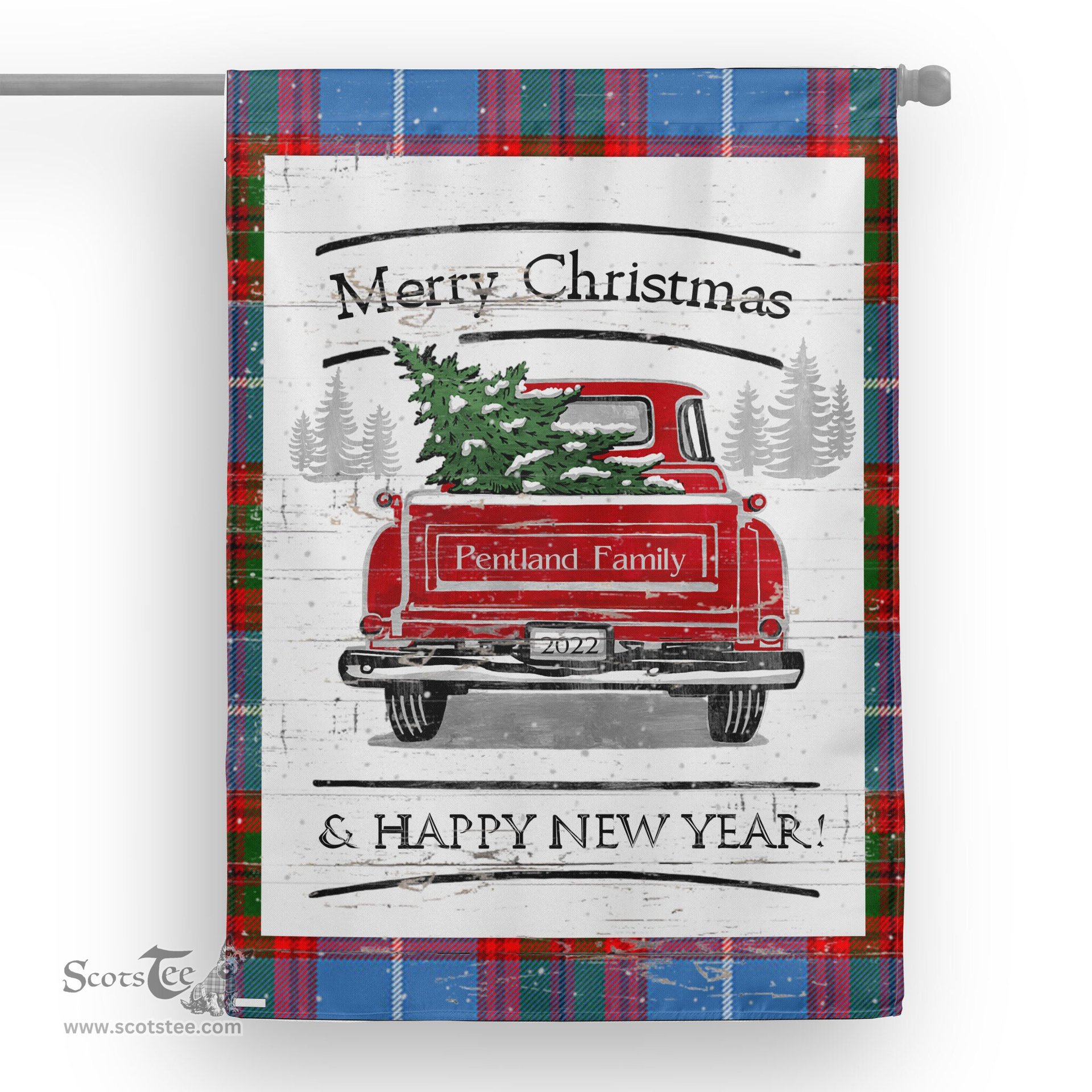 Tartan House Flag Vintage Red Truck with Christmas Tree Family Scottish Clan Pentland Tartan Flag, Tartan Garden Flag, Tartan House Flag, Tartan Flag, Crest Garden Flag, Garden Flag, Ireland Garden Flag, Family Crest, Custom Flag, Custom Garden Flag, Ireland Custom Flag, Clan Tartan Flags