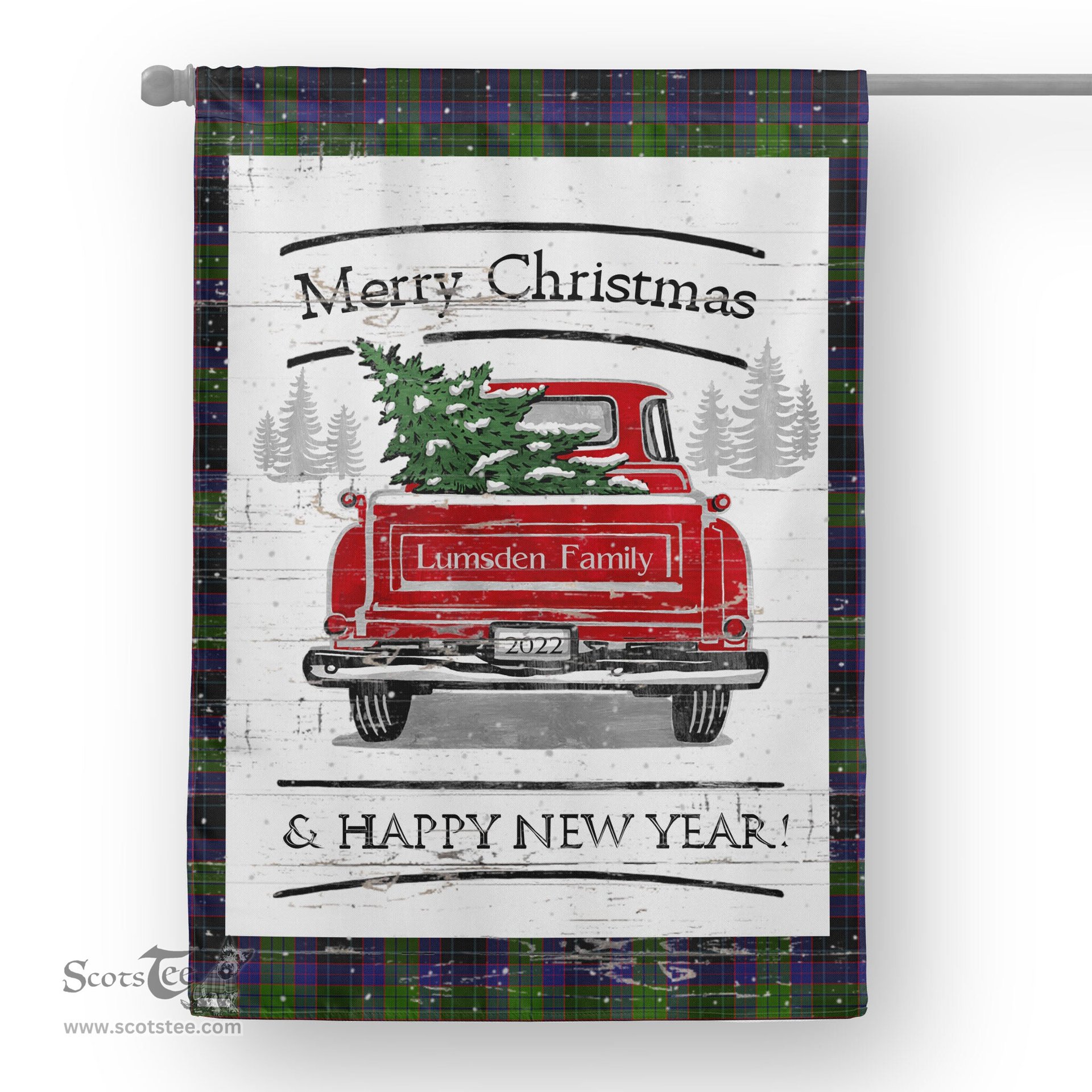 Tartan House Flag Vintage Red Truck with Christmas Tree Family Scottish Clan Lumsden Hunting Tartan Flag, Tartan Garden Flag, Tartan House Flag, Tartan Flag, Crest Garden Flag, Garden Flag, Ireland Garden Flag, Family Crest, Custom Flag, Custom Garden Flag, Ireland Custom Flag, Clan Tartan Flags