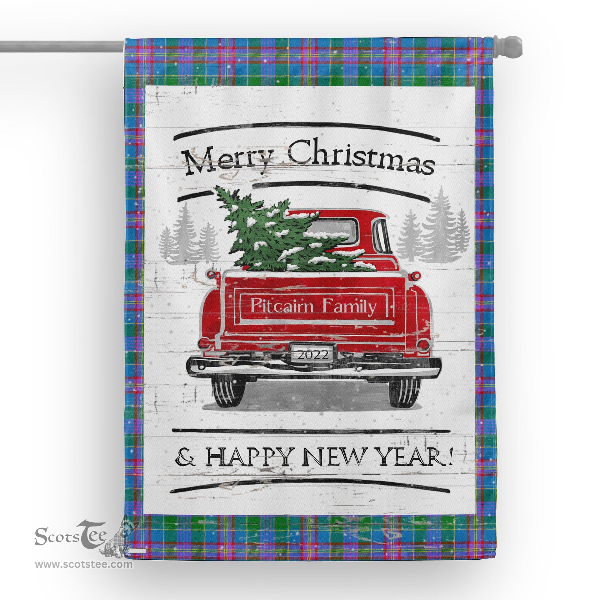 Tartan House Flag Vintage Red Truck with Christmas Tree Family Scottish Clan Pitcairn Tartan Flag, Tartan Garden Flag, Tartan House Flag, Tartan Flag, Crest Garden Flag, Garden Flag, Ireland Garden Flag, Family Crest, Custom Flag, Custom Garden Flag, Ireland Custom Flag, Clan Tartan Flags