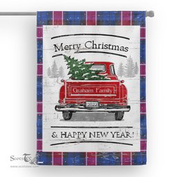 Tartan House Flag Vintage Red Truck with Christmas Tree Family Scottish Clan Graham Of Menteith Pink Tartan Flag, Tartan Garden Flag, Tartan House Flag, Tartan Flag, Crest Garden Flag, Garden Flag, Ireland Garden Flag, Family Crest, Custom Flag, Custom Garden Flag, Ireland Custom Flag, Clan Tartan Flags