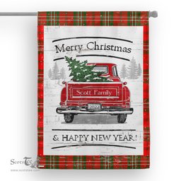 Scotstee Shop - Tartan Blanket Vintage Red Truck with Christmas Tree Family Scottish Clan Scott Plaid Blanket