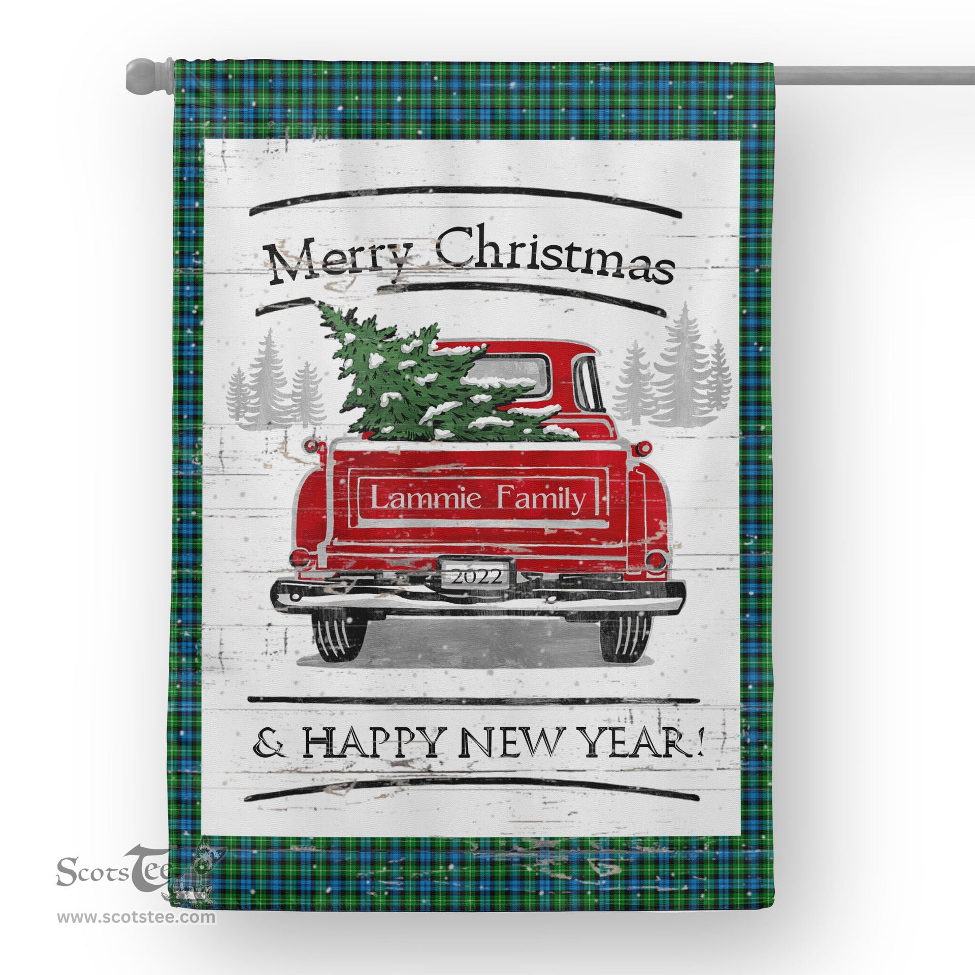 Tartan House Flag Vintage Red Truck with Christmas Tree Family Scottish Clan Lammie Tartan Flag, Tartan Garden Flag, Tartan House Flag, Tartan Flag, Crest Garden Flag, Garden Flag, Ireland Garden Flag, Family Crest, Custom Flag, Custom Garden Flag, Ireland Custom Flag, Clan Tartan Flags
