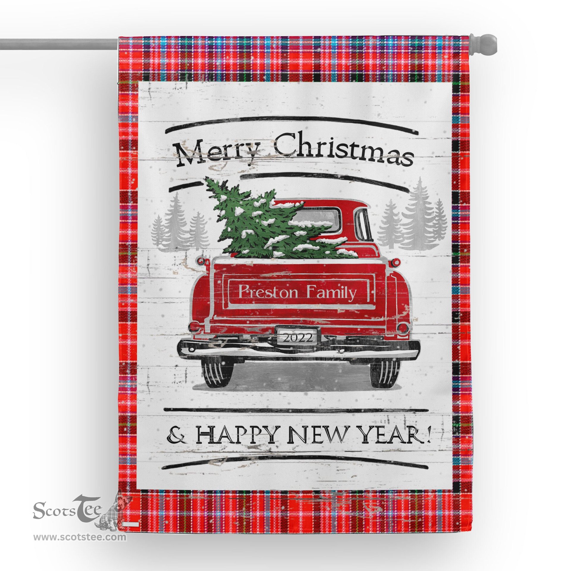 Tartan House Flag Vintage Red Truck with Christmas Tree Family Scottish Clan Preston Tartan Flag, Tartan Garden Flag, Tartan House Flag, Tartan Flag, Crest Garden Flag, Garden Flag, Ireland Garden Flag, Family Crest, Custom Flag, Custom Garden Flag, Ireland Custom Flag, Clan Tartan Flags