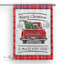 Tartan House Flag Vintage Red Truck with Christmas Tree Family Scottish Clan Preston Tartan Flag, Tartan Garden Flag, Tartan House Flag, Tartan Flag, Crest Garden Flag, Garden Flag, Ireland Garden Flag, Family Crest, Custom Flag, Custom Garden Flag, Ireland Custom Flag, Clan Tartan Flags