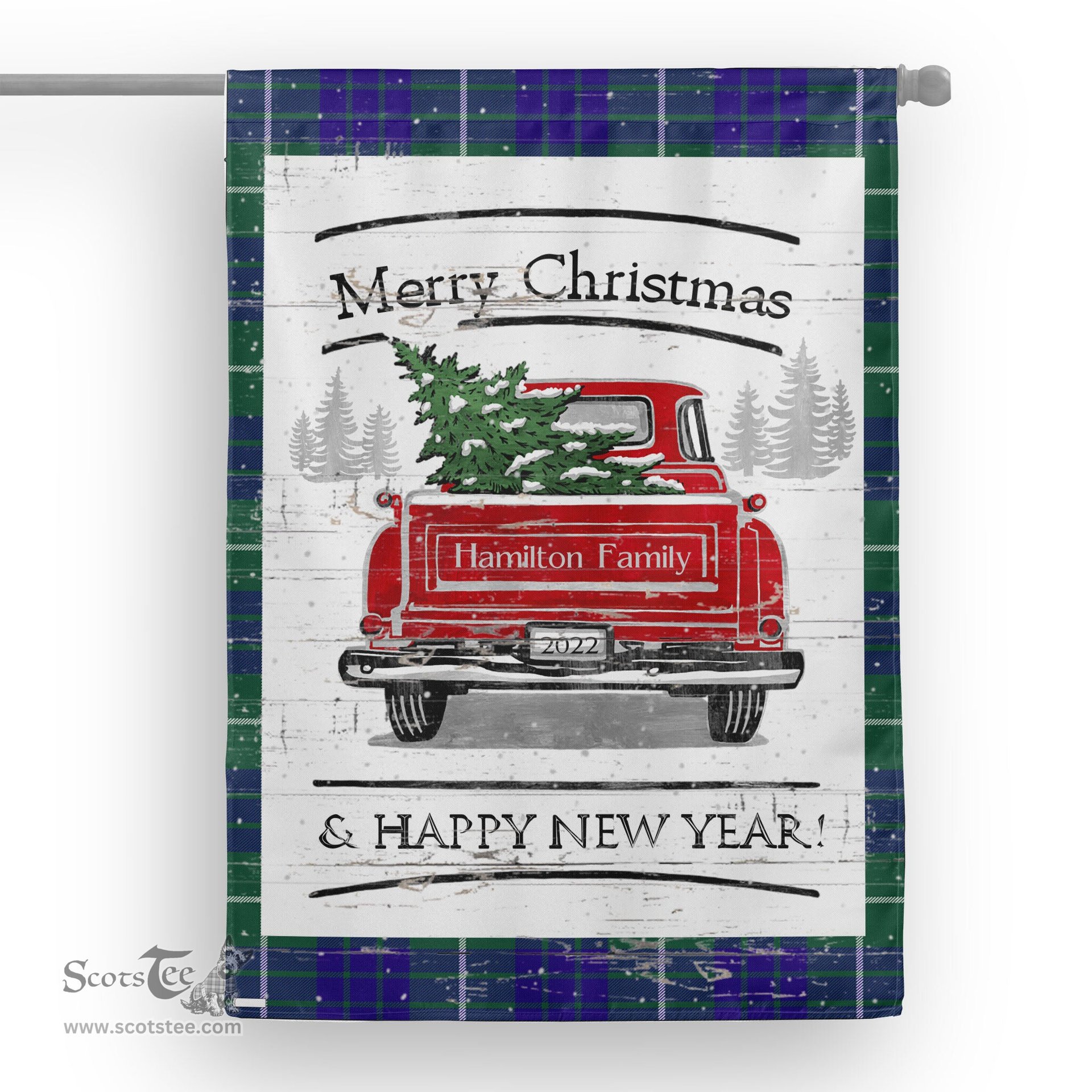 Tartan House Flag Vintage Red Truck with Christmas Tree Family Scottish Clan Hamilton Hunting Modern Tartan Flag, Tartan Garden Flag, Tartan House Flag, Tartan Flag, Crest Garden Flag, Garden Flag, Ireland Garden Flag, Family Crest, Custom Flag, Custom Garden Flag, Ireland Custom Flag, Clan Tartan Flags