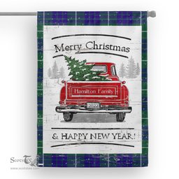 Tartan House Flag Vintage Red Truck with Christmas Tree Family Scottish Clan Hamilton Hunting Modern Tartan Flag, Tartan Garden Flag, Tartan House Flag, Tartan Flag, Crest Garden Flag, Garden Flag, Ireland Garden Flag, Family Crest, Custom Flag, Custom Garden Flag, Ireland Custom Flag, Clan Tartan Flags