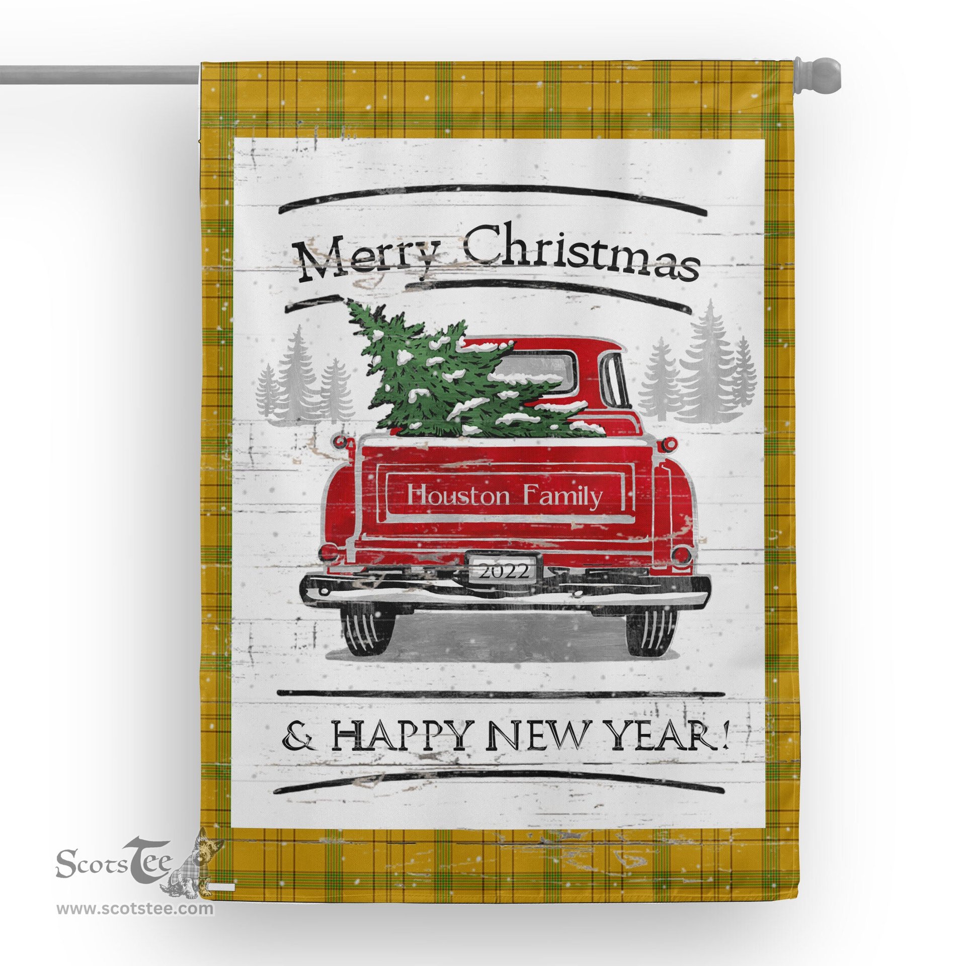 Tartan House Flag Vintage Red Truck with Christmas Tree Family Scottish Clan Houston Tartan Flag, Tartan Garden Flag, Tartan House Flag, Tartan Flag, Crest Garden Flag, Garden Flag, Ireland Garden Flag, Family Crest, Custom Flag, Custom Garden Flag, Ireland Custom Flag, Clan Tartan Flags