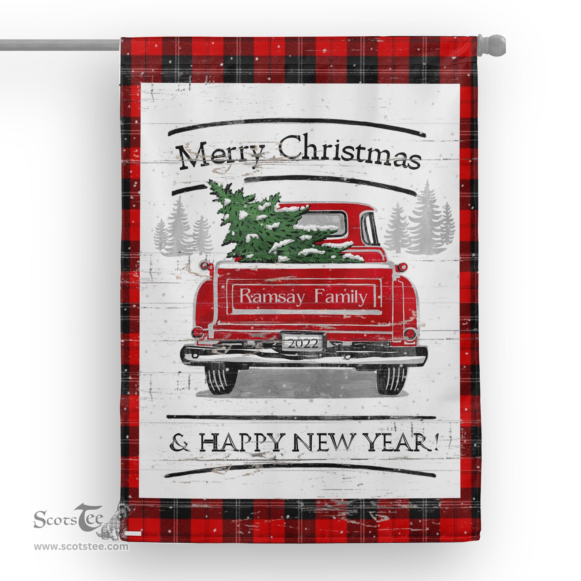 Tartan House Flag Vintage Red Truck with Christmas Tree Family Scottish Clan Ramsay Red Tartan Flag, Tartan Garden Flag, Tartan House Flag, Tartan Flag, Crest Garden Flag, Garden Flag, Ireland Garden Flag, Family Crest, Custom Flag, Custom Garden Flag, Ireland Custom Flag, Clan Tartan Flags