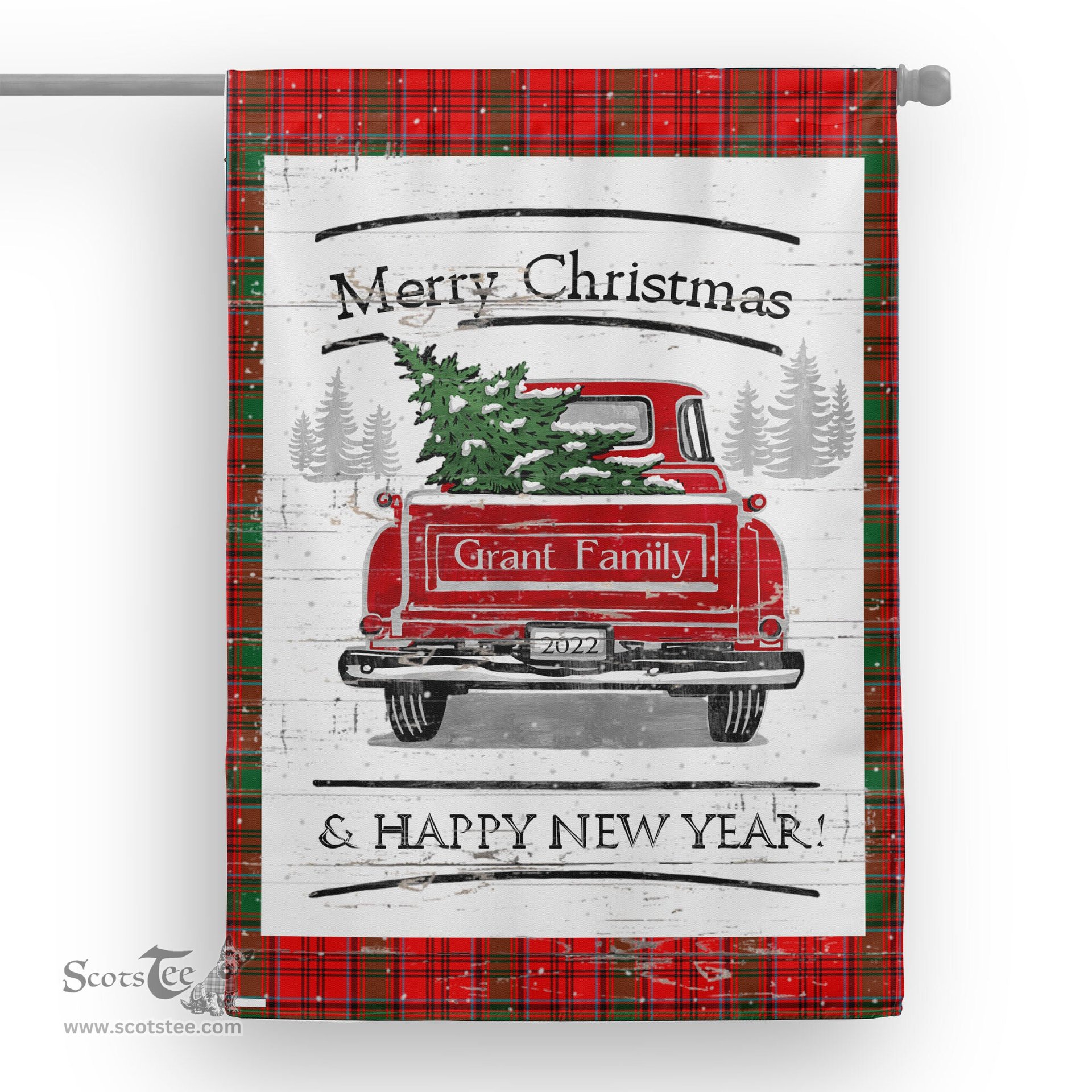 Tartan House Flag Vintage Red Truck with Christmas Tree Family Scottish Clan Grant Tartan Flag, Tartan Garden Flag, Tartan House Flag, Tartan Flag, Crest Garden Flag, Garden Flag, Ireland Garden Flag, Family Crest, Custom Flag, Custom Garden Flag, Ireland Custom Flag, Clan Tartan Flags