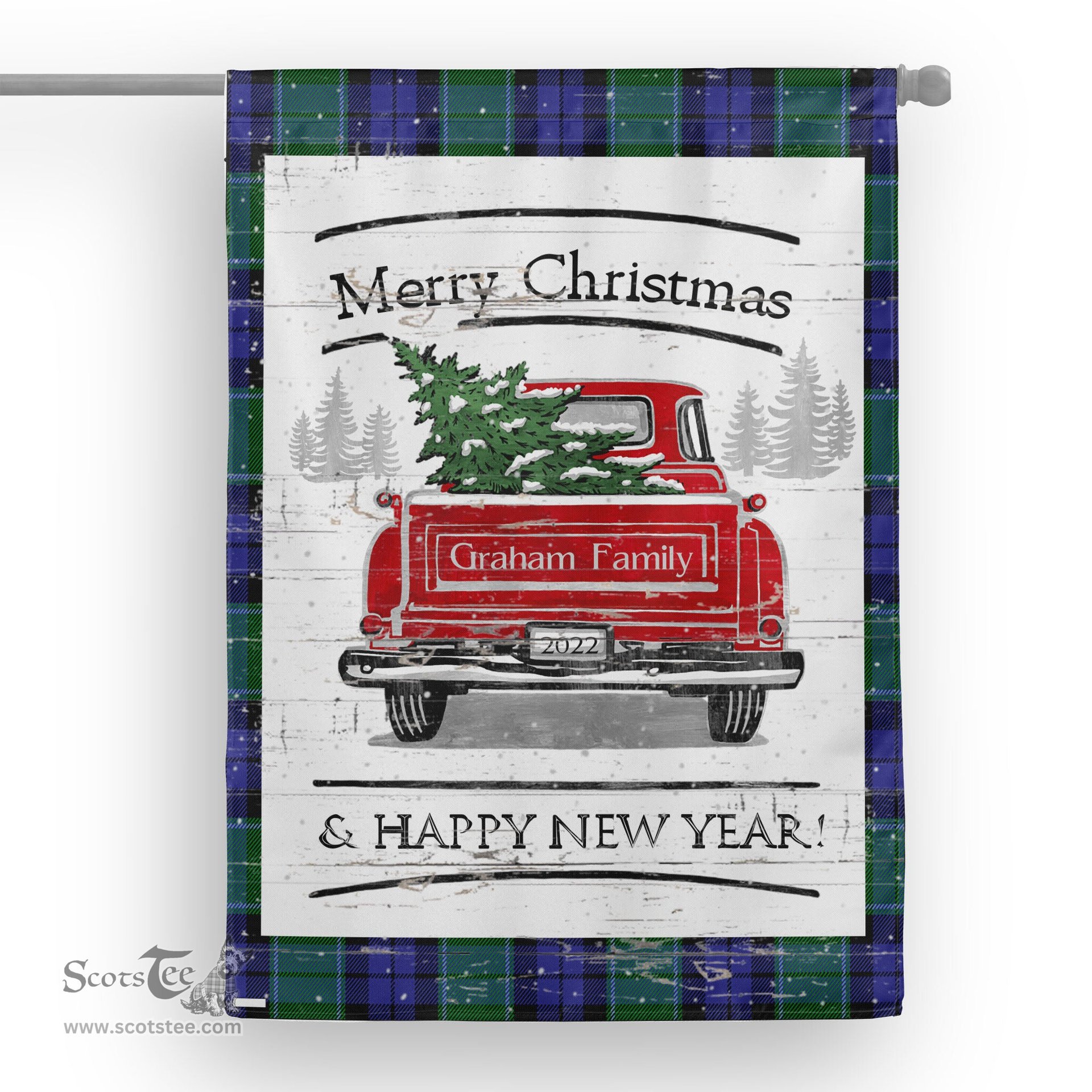 Tartan House Flag Vintage Red Truck with Christmas Tree Family Scottish Clan Graham Of Menteith Modern Tartan Flag, Tartan Garden Flag, Tartan House Flag, Tartan Flag, Crest Garden Flag, Garden Flag, Ireland Garden Flag, Family Crest, Custom Flag, Custom Garden Flag, Ireland Custom Flag, Clan Tartan Flags