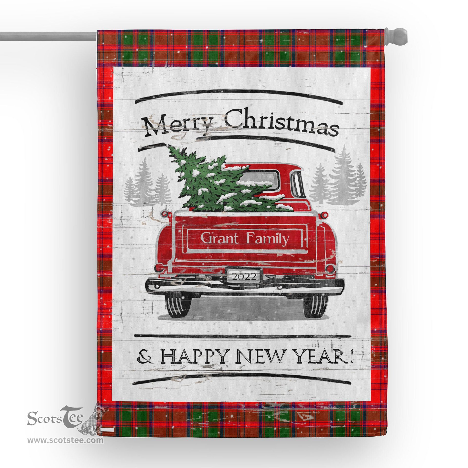 Tartan House Flag Vintage Red Truck with Christmas Tree Family Scottish Clan Grant Modern Tartan Flag, Tartan Garden Flag, Tartan House Flag, Tartan Flag, Crest Garden Flag, Garden Flag, Ireland Garden Flag, Family Crest, Custom Flag, Custom Garden Flag, Ireland Custom Flag, Clan Tartan Flags
