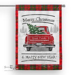 Tartan House Flag Vintage Red Truck with Christmas Tree Family Scottish Clan Grant Modern Tartan Flag, Tartan Garden Flag, Tartan House Flag, Tartan Flag, Crest Garden Flag, Garden Flag, Ireland Garden Flag, Family Crest, Custom Flag, Custom Garden Flag, Ireland Custom Flag, Clan Tartan Flags