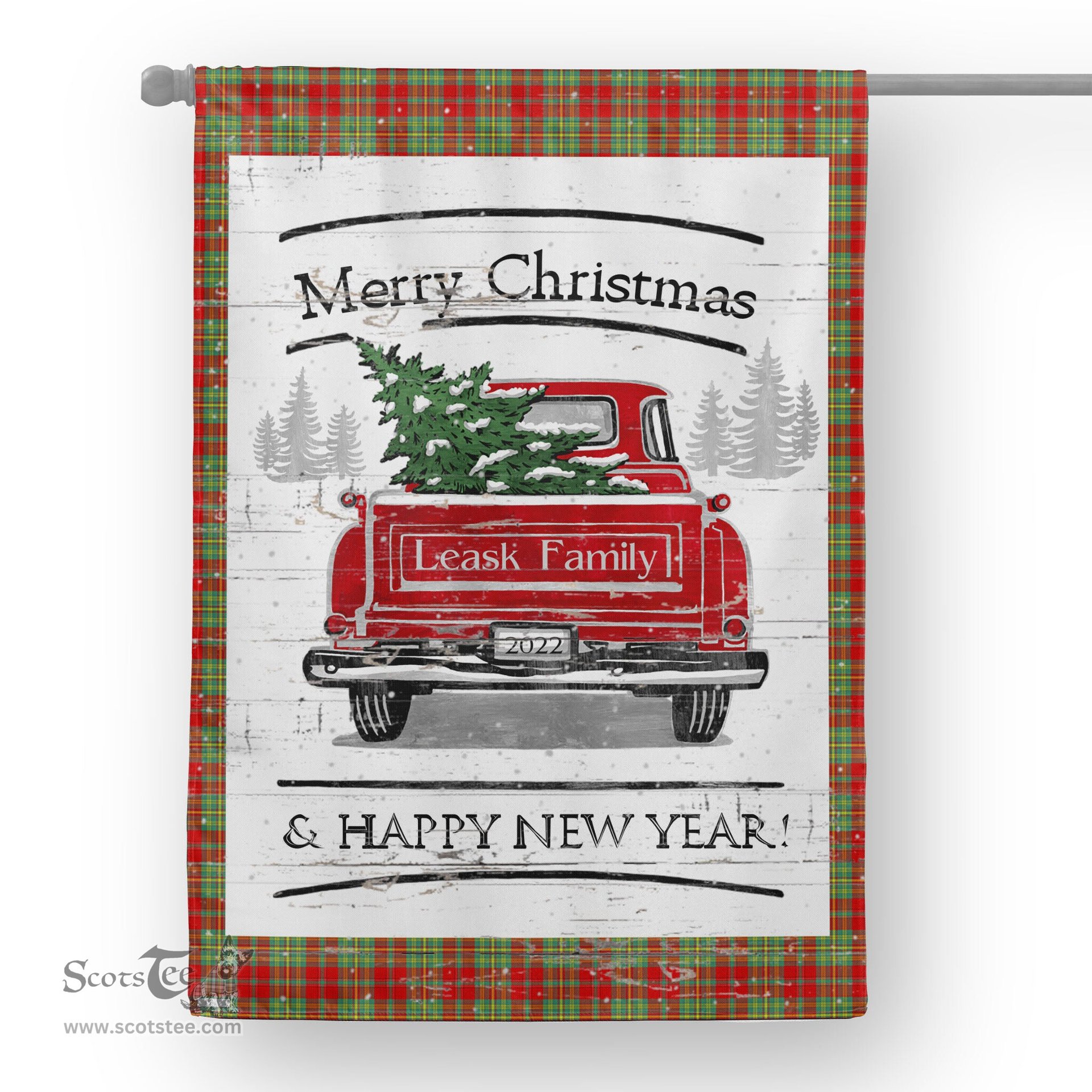 Tartan House Flag Vintage Red Truck with Christmas Tree Family Scottish Clan Leask Modern Tartan Flag, Tartan Garden Flag, Tartan House Flag, Tartan Flag, Crest Garden Flag, Garden Flag, Ireland Garden Flag, Family Crest, Custom Flag, Custom Garden Flag, Ireland Custom Flag, Clan Tartan Flags