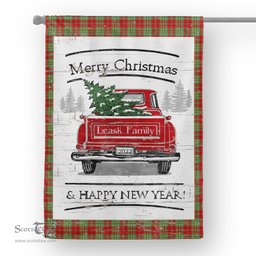 Tartan House Flag Vintage Red Truck with Christmas Tree Family Scottish Clan Leask Modern Tartan Flag, Tartan Garden Flag, Tartan House Flag, Tartan Flag, Crest Garden Flag, Garden Flag, Ireland Garden Flag, Family Crest, Custom Flag, Custom Garden Flag, Ireland Custom Flag, Clan Tartan Flags