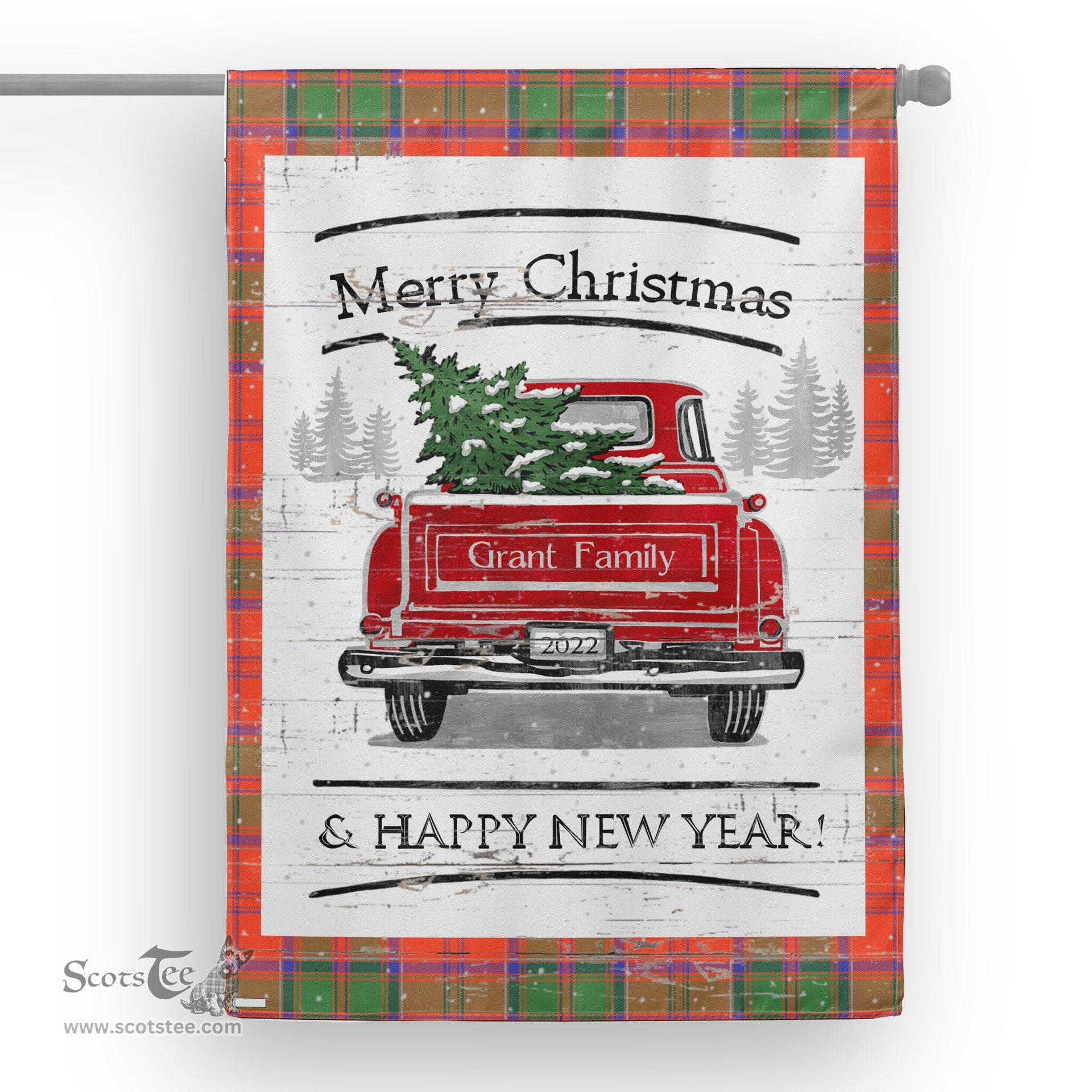 Tartan House Flag Vintage Red Truck with Christmas Tree Family Scottish Clan Grant Ancient Tartan Flag, Tartan Garden Flag, Tartan House Flag, Tartan Flag, Crest Garden Flag, Garden Flag, Ireland Garden Flag, Family Crest, Custom Flag, Custom Garden Flag, Ireland Custom Flag, Clan Tartan Flags