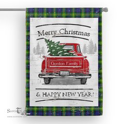 Tartan House Flag Vintage Red Truck with Christmas Tree Family Scottish Clan Gordon Modern Tartan Flag, Tartan Garden Flag, Tartan House Flag, Tartan Flag, Crest Garden Flag, Garden Flag, Ireland Garden Flag, Family Crest, Custom Flag, Custom Garden Flag, Ireland Custom Flag, Clan Tartan Flags
