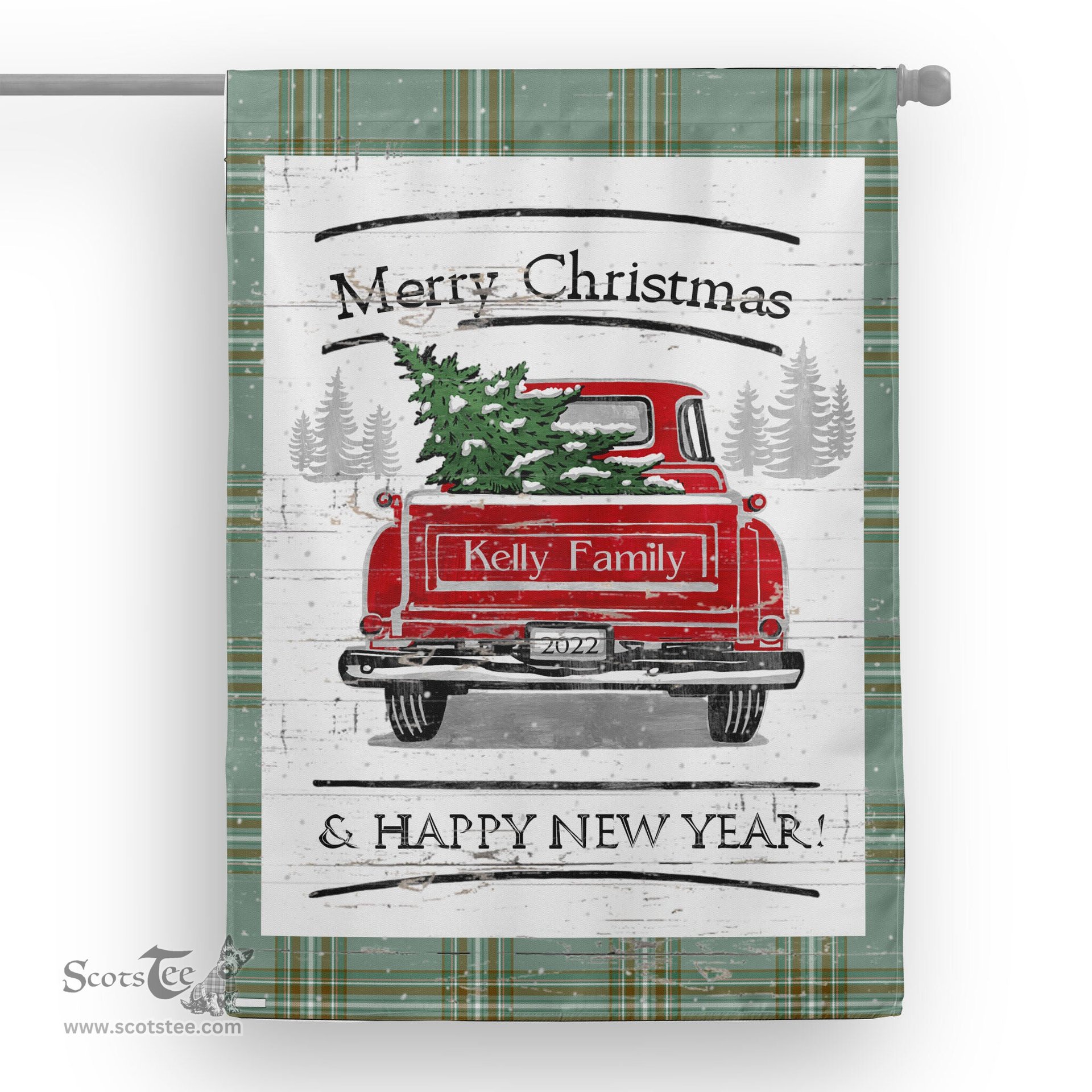 Tartan House Flag Vintage Red Truck with Christmas Tree Family Scottish Clan Kelly Tartan Flag, Tartan Garden Flag, Tartan House Flag, Tartan Flag, Crest Garden Flag, Garden Flag, Ireland Garden Flag, Family Crest, Custom Flag, Custom Garden Flag, Ireland Custom Flag, Clan Tartan Flags