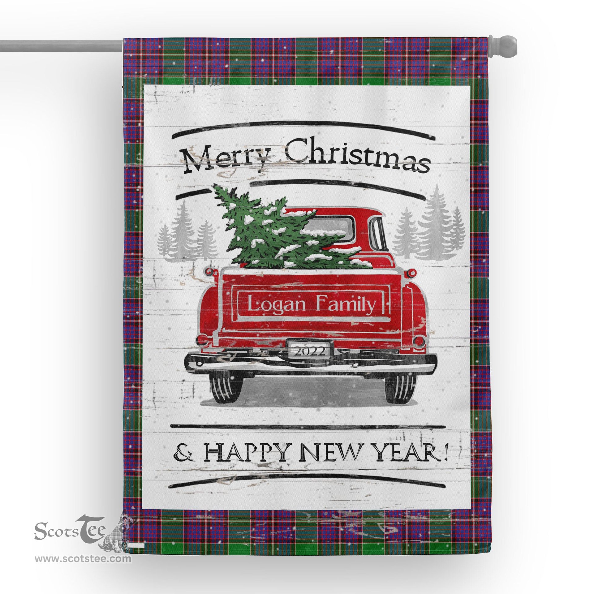 Tartan House Flag Vintage Red Truck with Christmas Tree Family Scottish Clan Logan Tartan Flag, Tartan Garden Flag, Tartan House Flag, Tartan Flag, Crest Garden Flag, Garden Flag, Ireland Garden Flag, Family Crest, Custom Flag, Custom Garden Flag, Ireland Custom Flag, Clan Tartan Flags