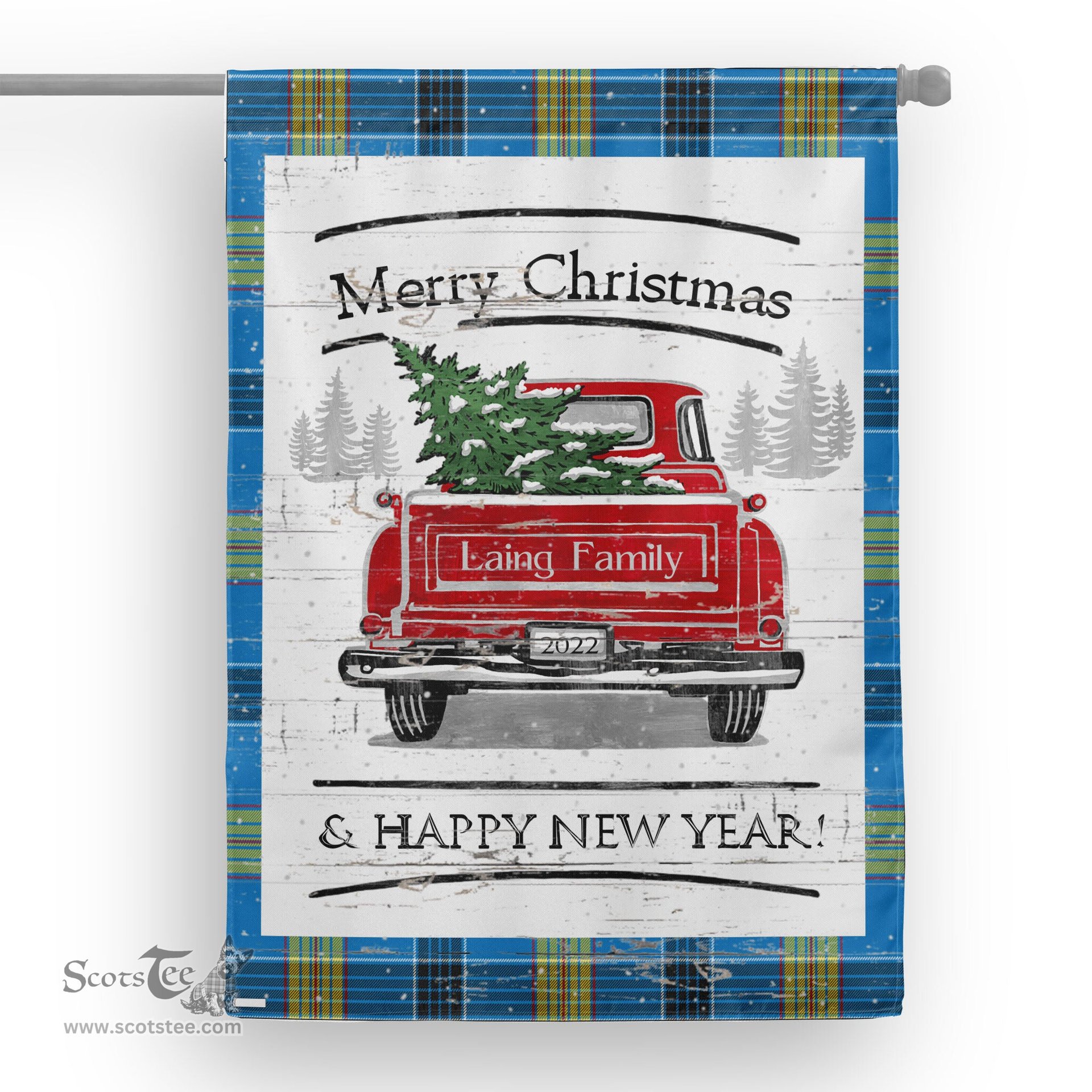 Tartan House Flag Vintage Red Truck with Christmas Tree Family Scottish Clan Laing Tartan Flag, Tartan Garden Flag, Tartan House Flag, Tartan Flag, Crest Garden Flag, Garden Flag, Ireland Garden Flag, Family Crest, Custom Flag, Custom Garden Flag, Ireland Custom Flag, Clan Tartan Flags