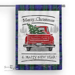 Tartan House Flag Vintage Red Truck with Christmas Tree Family Scottish Clan Robertson Hunting Modern Tartan Flag, Tartan Garden Flag, Tartan House Flag, Tartan Flag, Crest Garden Flag, Garden Flag, Ireland Garden Flag, Family Crest, Custom Flag, Custom Garden Flag, Ireland Custom Flag, Clan Tartan Flags