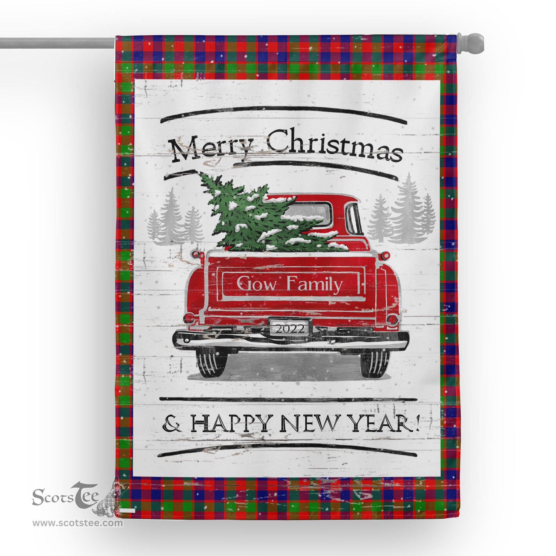 Tartan House Flag Vintage Red Truck with Christmas Tree Family Scottish Clan Gow Tartan Flag, Tartan Garden Flag, Tartan House Flag, Tartan Flag, Crest Garden Flag, Garden Flag, Ireland Garden Flag, Family Crest, Custom Flag, Custom Garden Flag, Ireland Custom Flag, Clan Tartan Flags