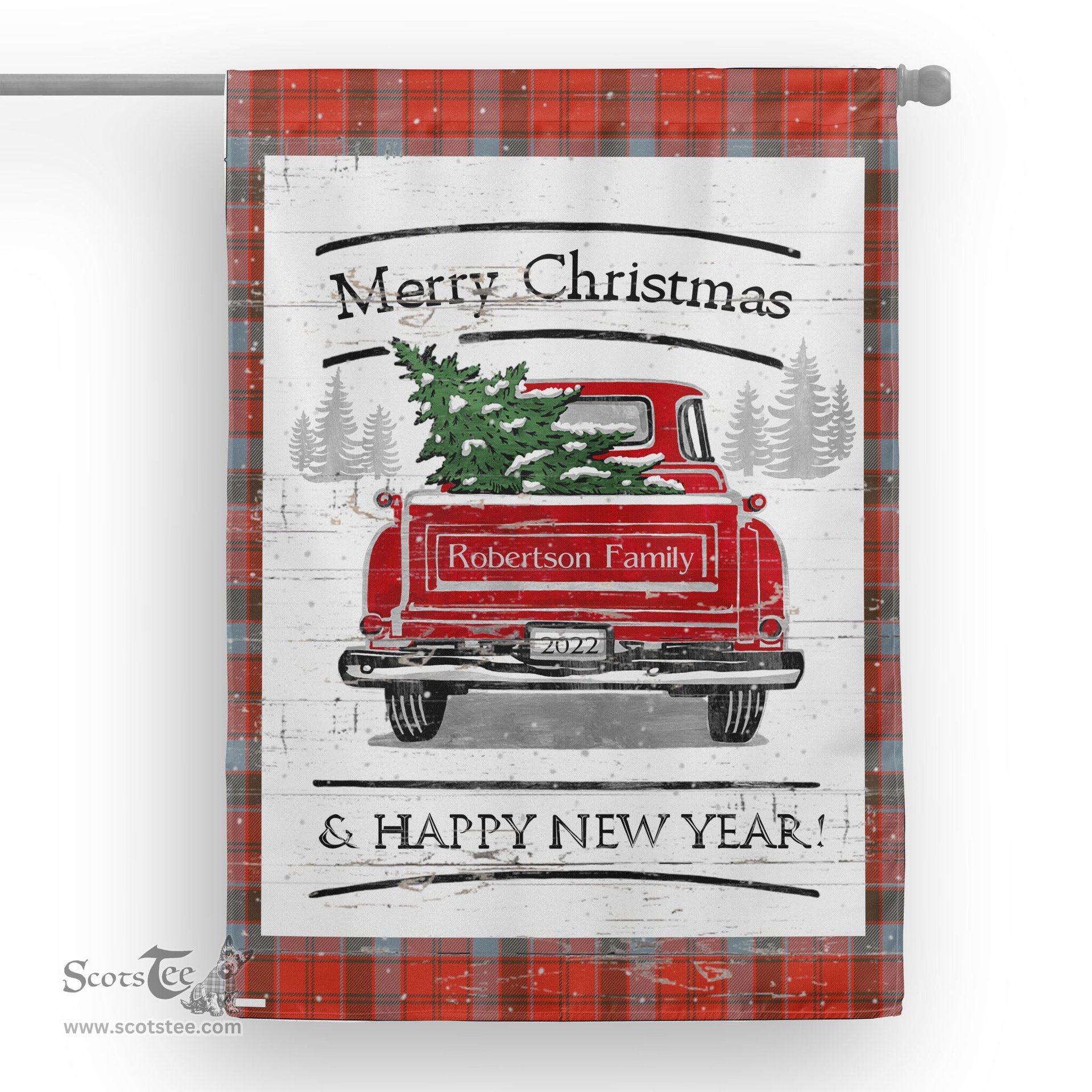 Tartan House Flag Vintage Red Truck with Christmas Tree Family Scottish Clan Robertson Weathered Tartan Flag, Tartan Garden Flag, Tartan House Flag, Tartan Flag, Crest Garden Flag, Garden Flag, Ireland Garden Flag, Family Crest, Custom Flag, Custom Garden Flag, Ireland Custom Flag, Clan Tartan Flags
