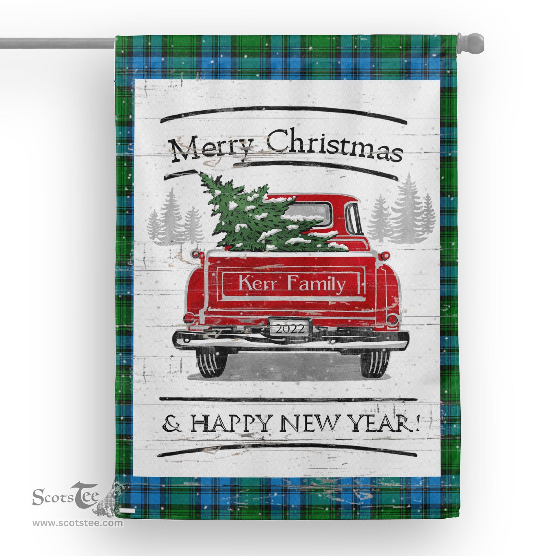 Tartan House Flag Vintage Red Truck with Christmas Tree Family Scottish Clan Kerr Hunting Tartan Flag, Tartan Garden Flag, Tartan House Flag, Tartan Flag, Crest Garden Flag, Garden Flag, Ireland Garden Flag, Family Crest, Custom Flag, Custom Garden Flag, Ireland Custom Flag, Clan Tartan Flags