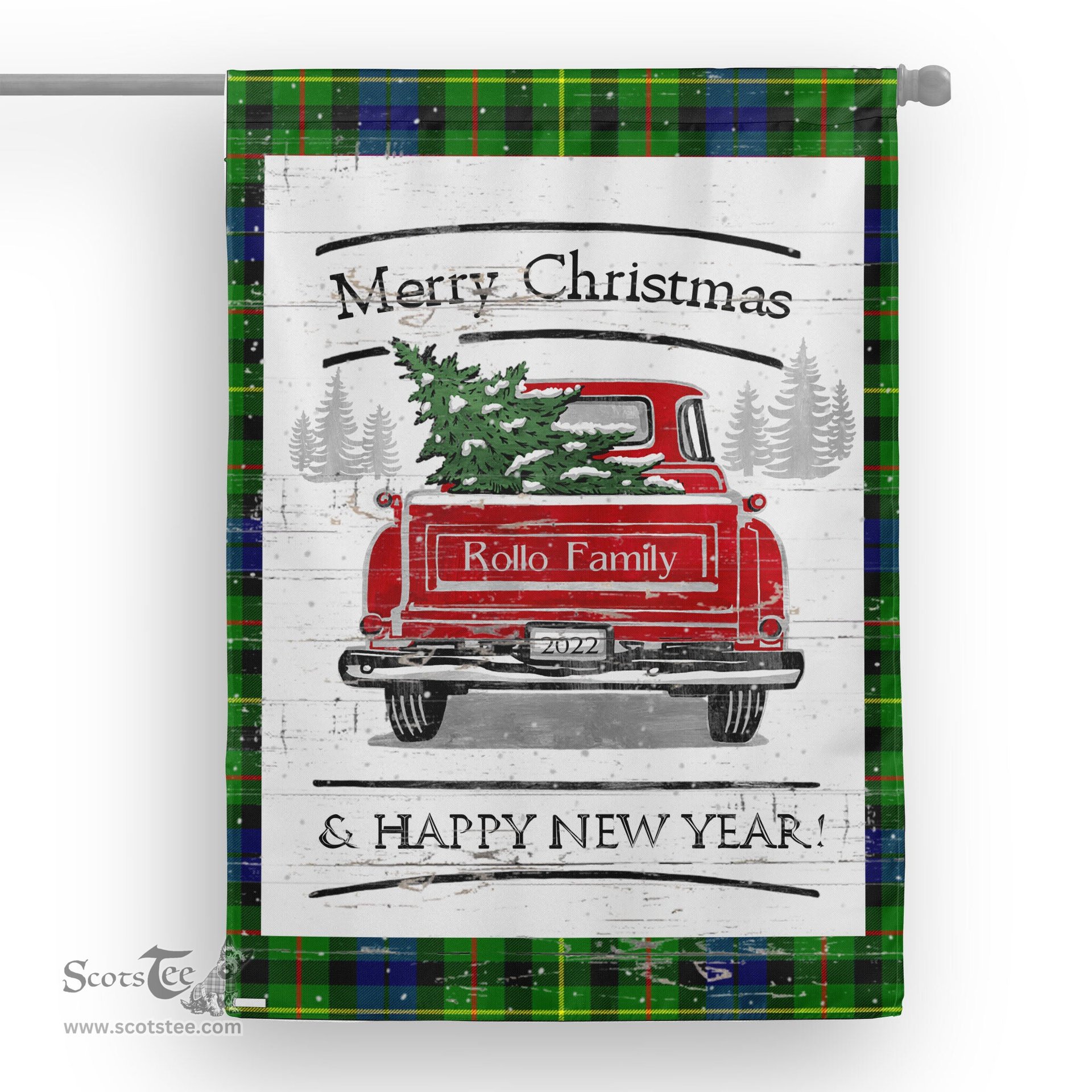 Tartan House Flag Vintage Red Truck with Christmas Tree Family Scottish Clan Rollo Tartan Flag, Tartan Garden Flag, Tartan House Flag, Tartan Flag, Crest Garden Flag, Garden Flag, Ireland Garden Flag, Family Crest, Custom Flag, Custom Garden Flag, Ireland Custom Flag, Clan Tartan Flags