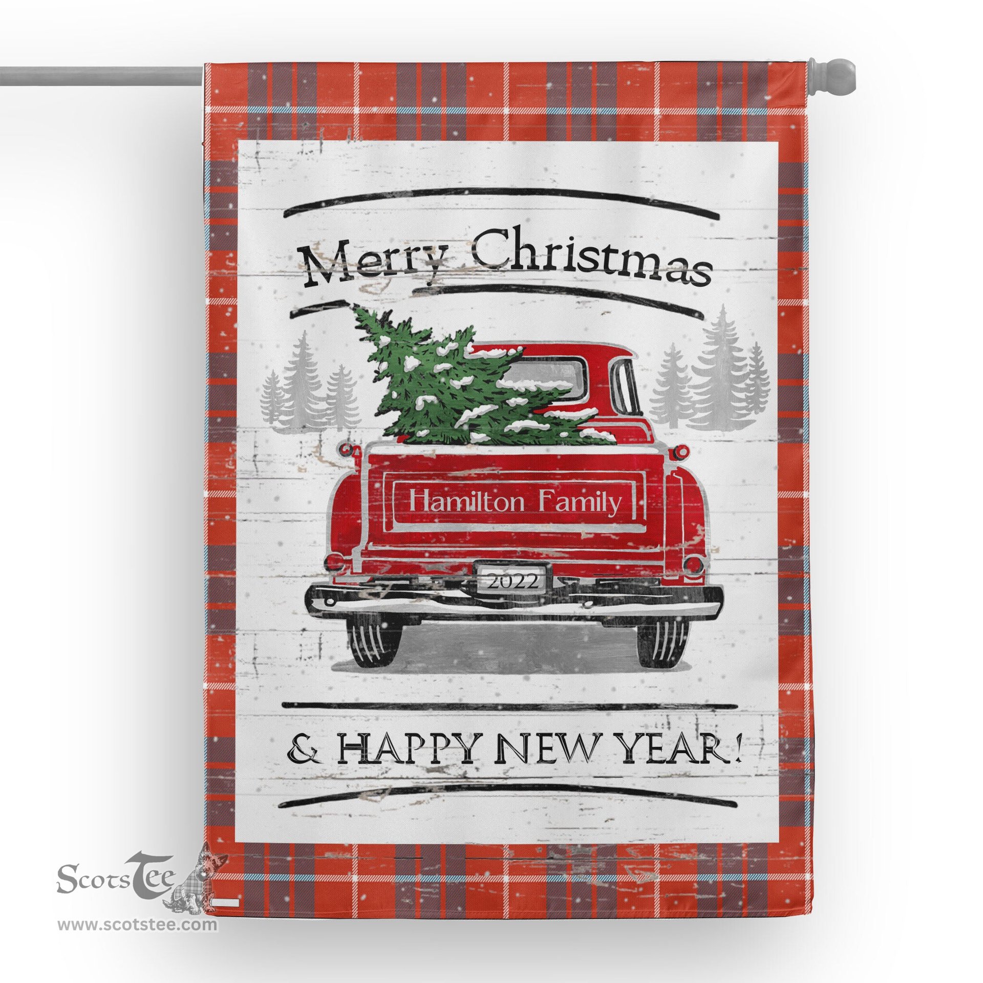 Tartan House Flag Vintage Red Truck with Christmas Tree Family Scottish Clan Hamilton Ancient Tartan Flag, Tartan Garden Flag, Tartan House Flag, Tartan Flag, Crest Garden Flag, Garden Flag, Ireland Garden Flag, Family Crest, Custom Flag, Custom Garden Flag, Ireland Custom Flag, Clan Tartan Flags