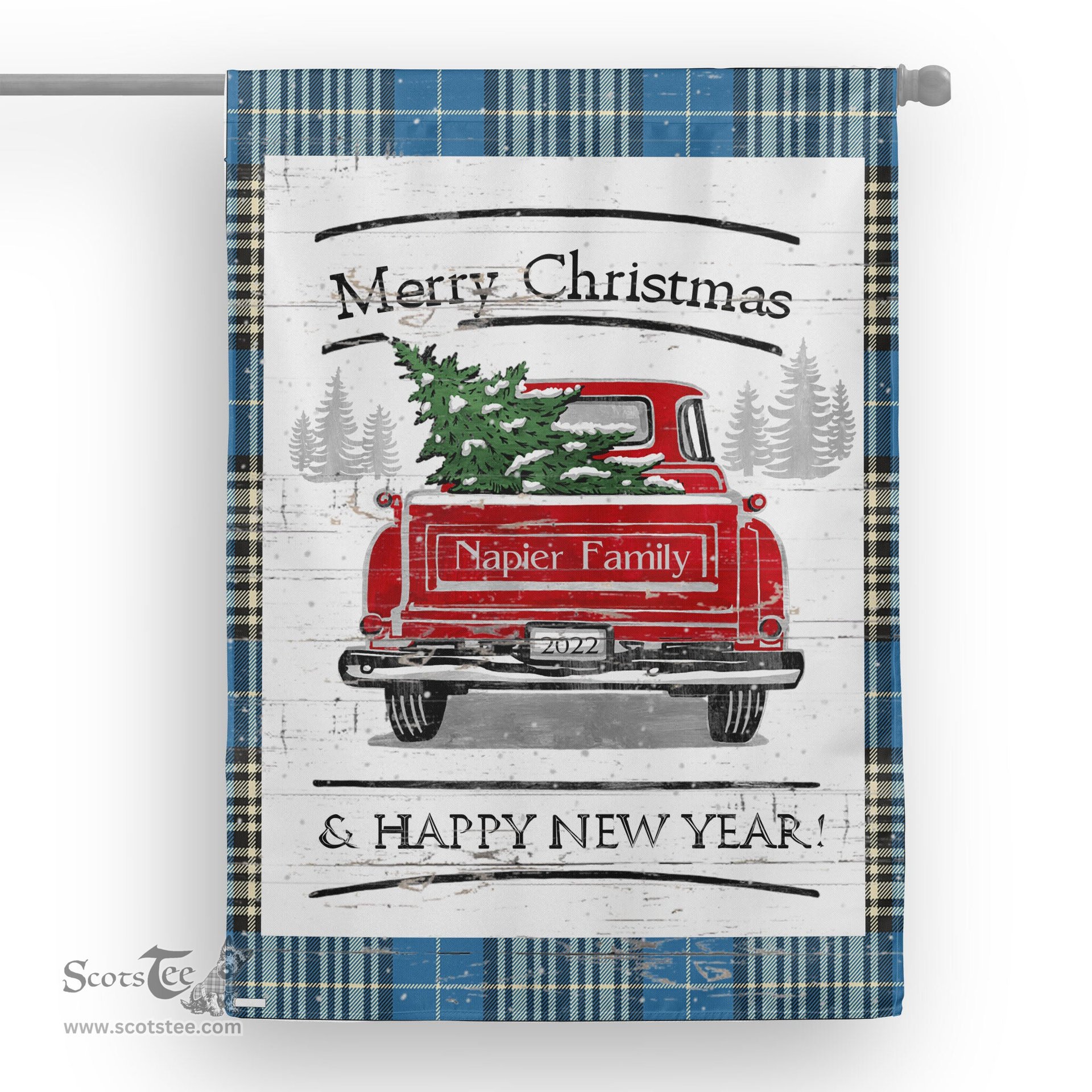 Tartan House Flag Vintage Red Truck with Christmas Tree Family Scottish Clan Napier Ancient Tartan Flag, Tartan Garden Flag, Tartan House Flag, Tartan Flag, Crest Garden Flag, Garden Flag, Ireland Garden Flag, Family Crest, Custom Flag, Custom Garden Flag, Ireland Custom Flag, Clan Tartan Flags