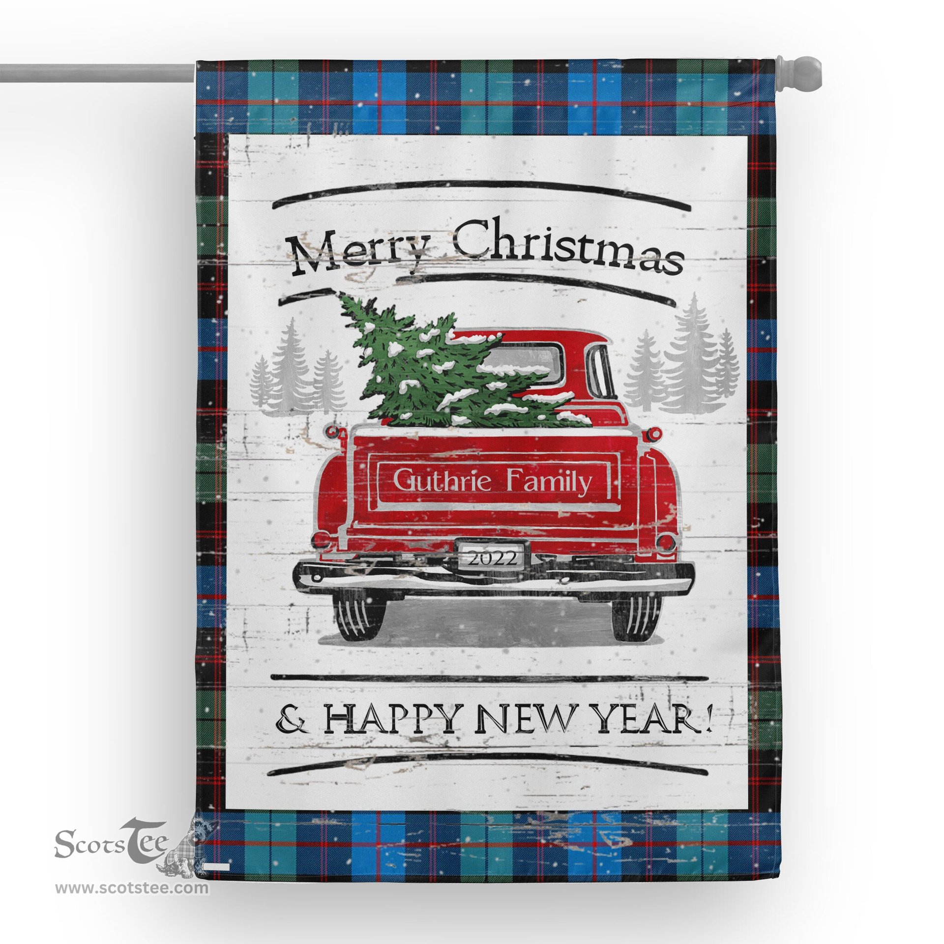 Tartan House Flag Vintage Red Truck with Christmas Tree Family Scottish Clan Guthrie Ancient Tartan Flag, Tartan Garden Flag, Tartan House Flag, Tartan Flag, Crest Garden Flag, Garden Flag, Ireland Garden Flag, Family Crest, Custom Flag, Custom Garden Flag, Ireland Custom Flag, Clan Tartan Flags
