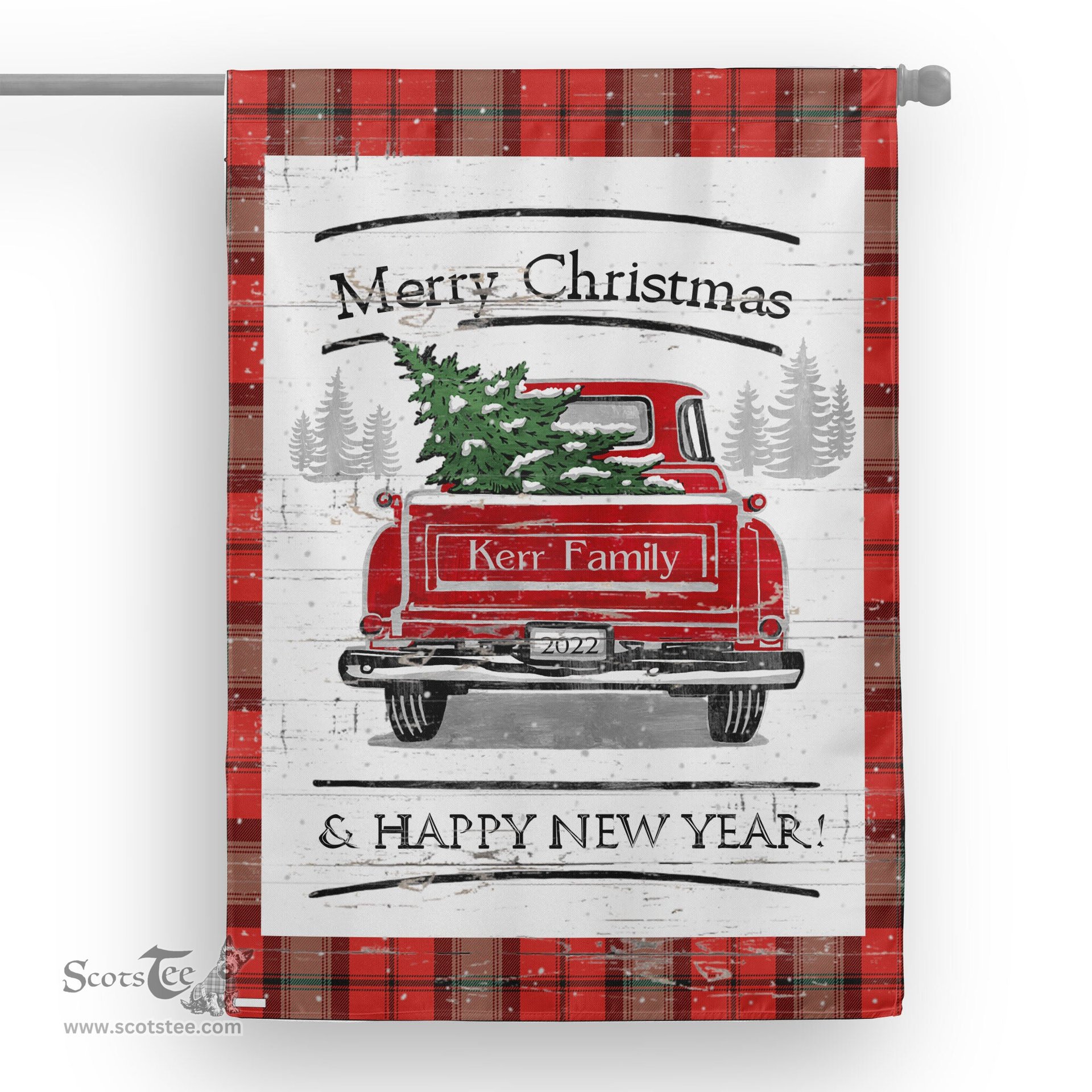 Tartan House Flag Vintage Red Truck with Christmas Tree Family Scottish Clan Kerr Ancient Tartan Flag, Tartan Garden Flag, Tartan House Flag, Tartan Flag, Crest Garden Flag, Garden Flag, Ireland Garden Flag, Family Crest, Custom Flag, Custom Garden Flag, Ireland Custom Flag, Clan Tartan Flags