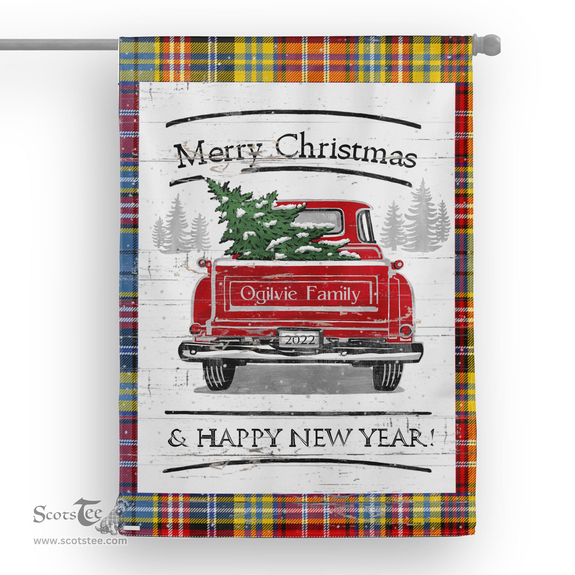 Tartan House Flag Vintage Red Truck with Christmas Tree Family Scottish Clan Ogilvie Of Airlie Ancient Tartan Flag, Tartan Garden Flag, Tartan House Flag, Tartan Flag, Crest Garden Flag, Garden Flag, Ireland Garden Flag, Family Crest, Custom Flag, Custom Garden Flag, Ireland Custom Flag, Clan Tartan Flags
