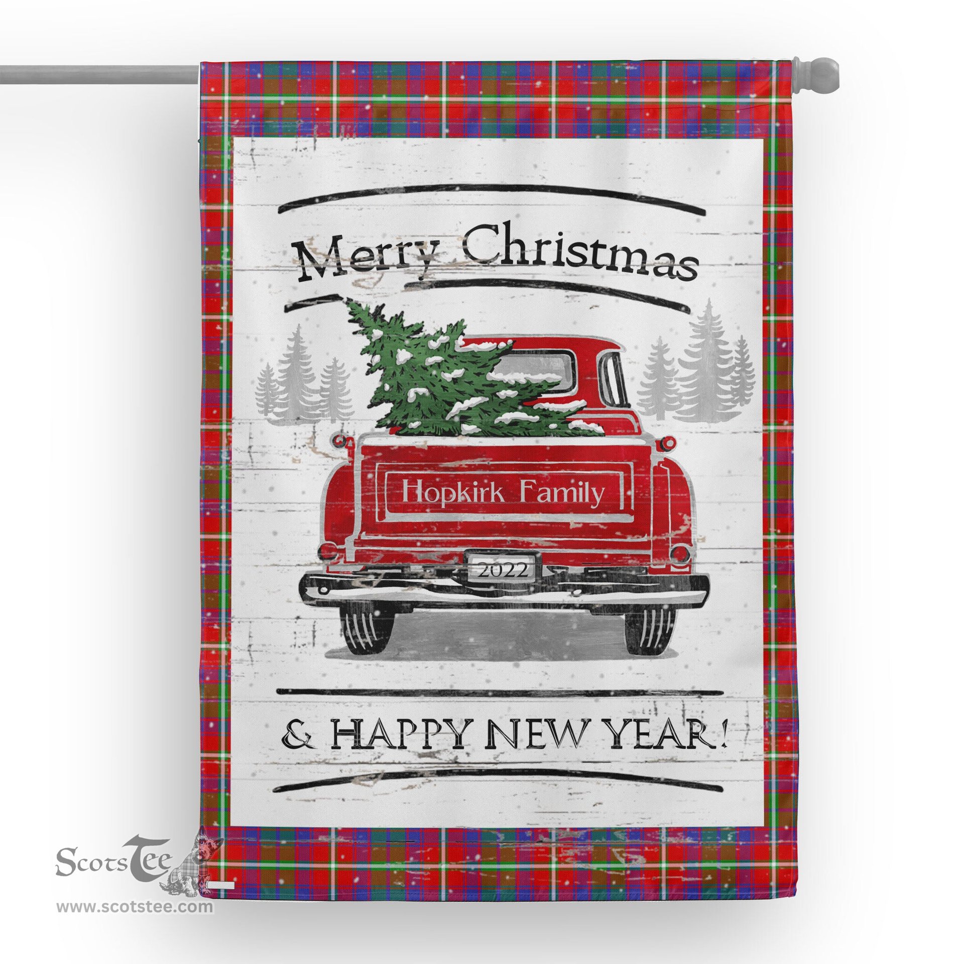Tartan House Flag Vintage Red Truck with Christmas Tree Family Scottish Clan Hopkirk Tartan Flag, Tartan Garden Flag, Tartan House Flag, Tartan Flag, Crest Garden Flag, Garden Flag, Ireland Garden Flag, Family Crest, Custom Flag, Custom Garden Flag, Ireland Custom Flag, Clan Tartan Flags